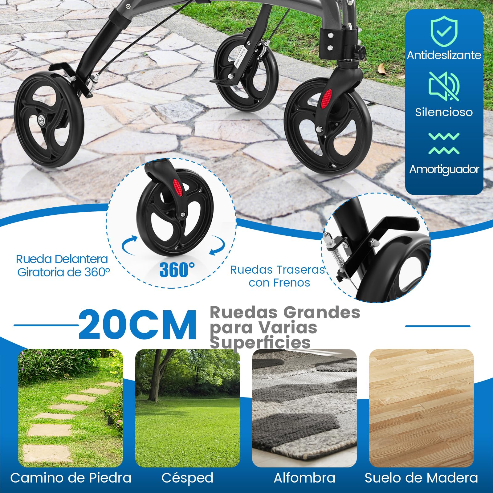 COSTWAY Andador para Ancianos Plegable, Marco de Aluminio Ligero, Caminadores para Mayores con 3 Ruedas, Altura Ajustable y Bolsa de Almacenamiento, Taca Taca Adultos (gris)