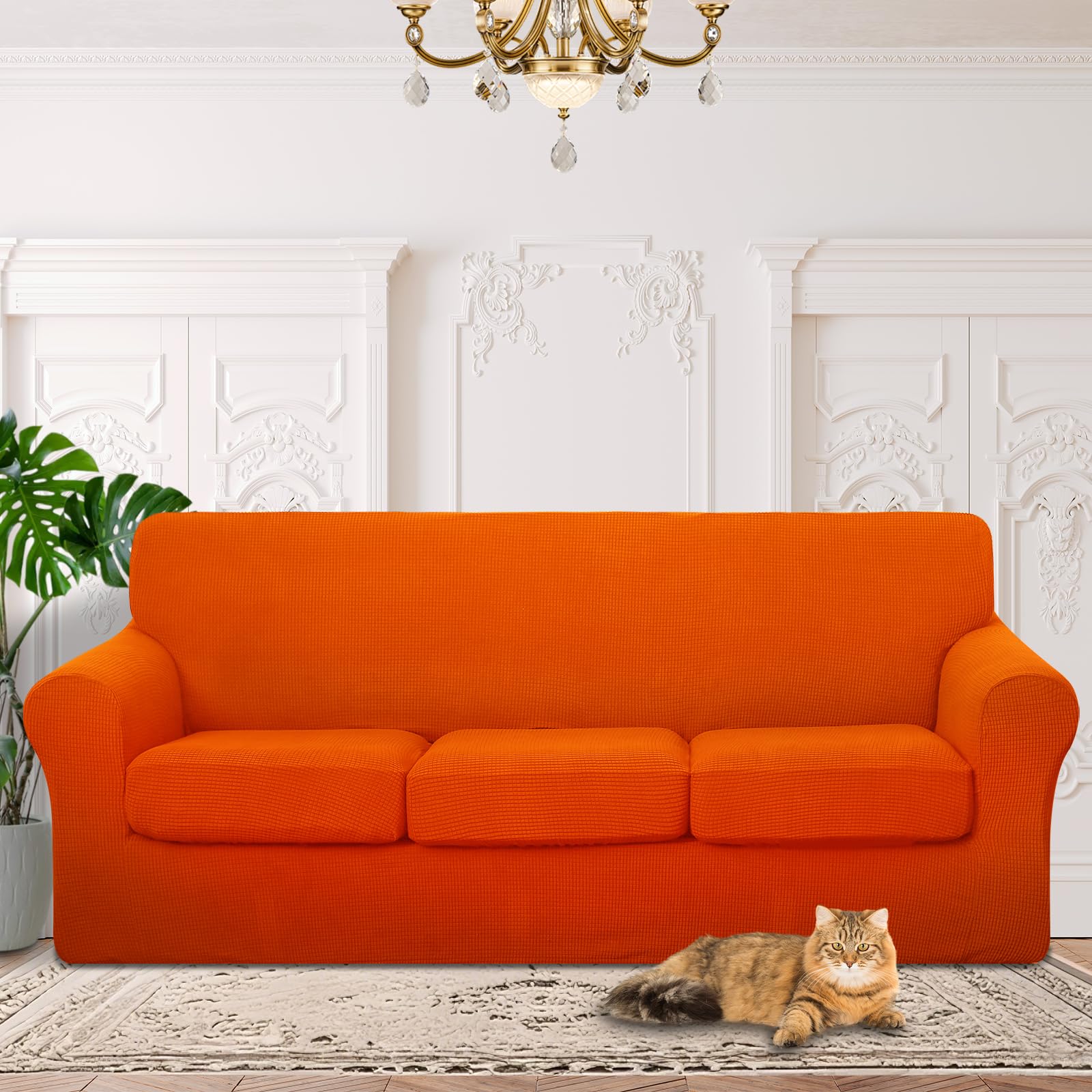 4 Pieces Stretch Couch Cover for 3 Cushion Furniture Protector Sofa Covers Washable Pet Dog Friendly Non Slip Cover with Elastic Bottom(72"-92" Sofa 3 Cushion/Orange)