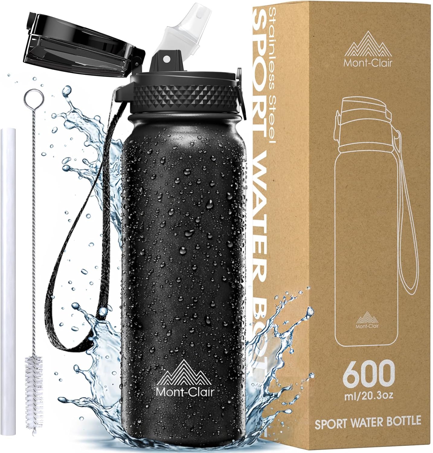Mont-Clair Gourde isotherme - Gourde Sport 600ML - Bouteille isotherme sans BPA -, 24h froid & 12h chaud - Bouteille d'eau en acier pour le Sport, Gym, Fitness, Randonnée et Camping - Noir