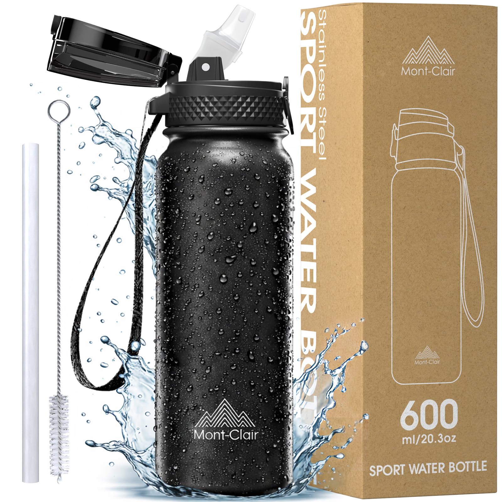 Mont-Clair Borraccia in Acciaio Inossidabile con Cannuccia - 600ml - Borraccia in Metallo senza BPA - Bottiglie d'Acqua per Bici Campeggio Sport - Disegno Brevettato - Nero
