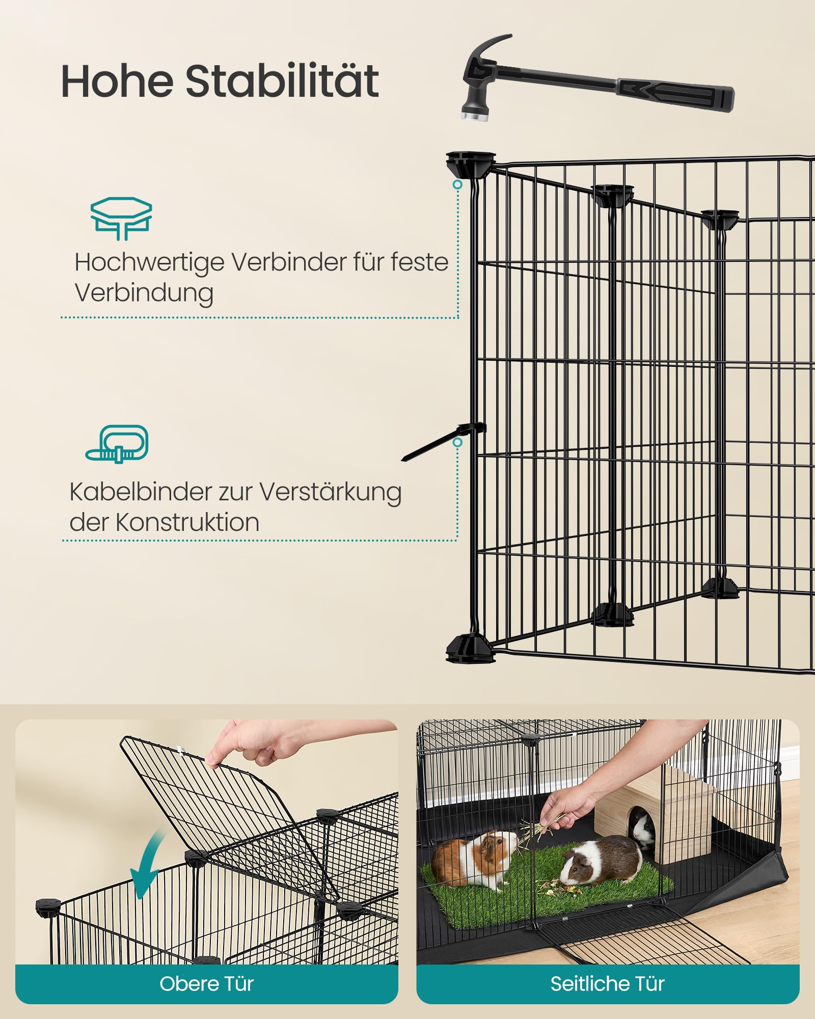 SONGMICS Kleintiergehege, Gehege, Freilaufgehege, wasserresistente Unterlage, Doppeltür, für Kaninchen, Meerschweinchen, mit 20 Platten, 123 x 63 x 41,5 cm, tintenschwarz LPI012BH01