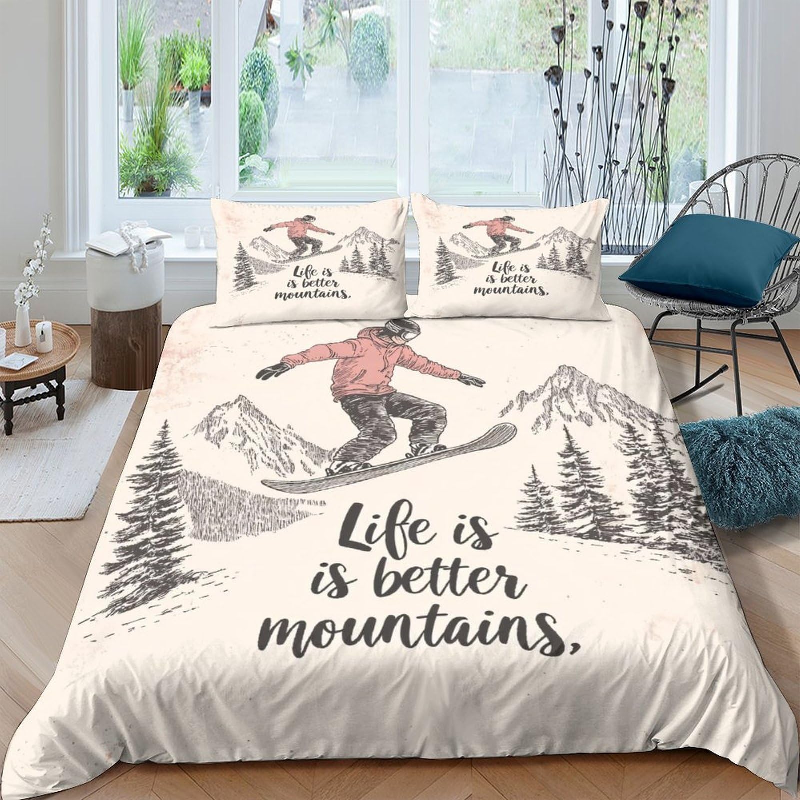 Ctjqhvkz Style-1 3D Printed Snow Mountain Fitted Sheet Microfiber Soft Breathable Snowboard Forest Mattress Cover Bedroom Decor Single（135X200cm）