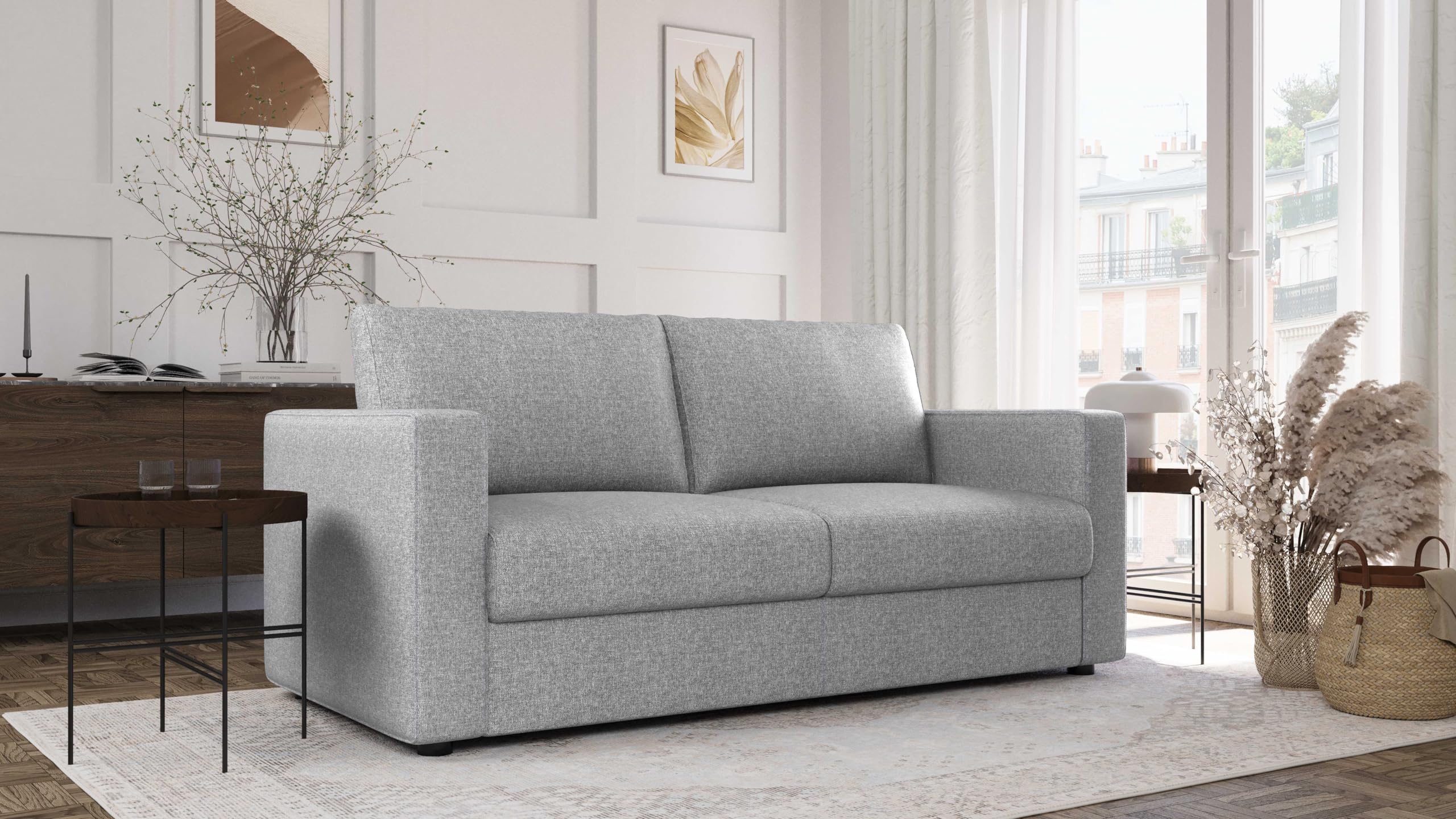Divano Letto Denver 3 Posti Struttura in Metallo e Legno Imbottitura in Gomma di Poliuretano Rivestimento in Tessuto Rete a Doghe Materasso 140x190 cm H13 cm Colore:Silver