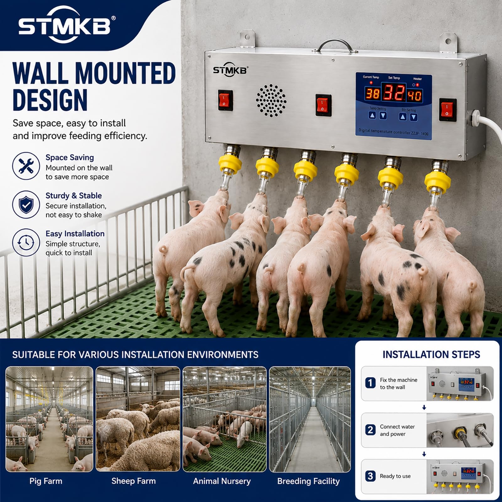 Distributore Automatico di Latte per Animali con Controllo della Temperatura, Alimentatore A Parete in Acciaio Inox A 6 Tettarelle con Pompa di Circolazione, Distributore di Latte E Acqua per