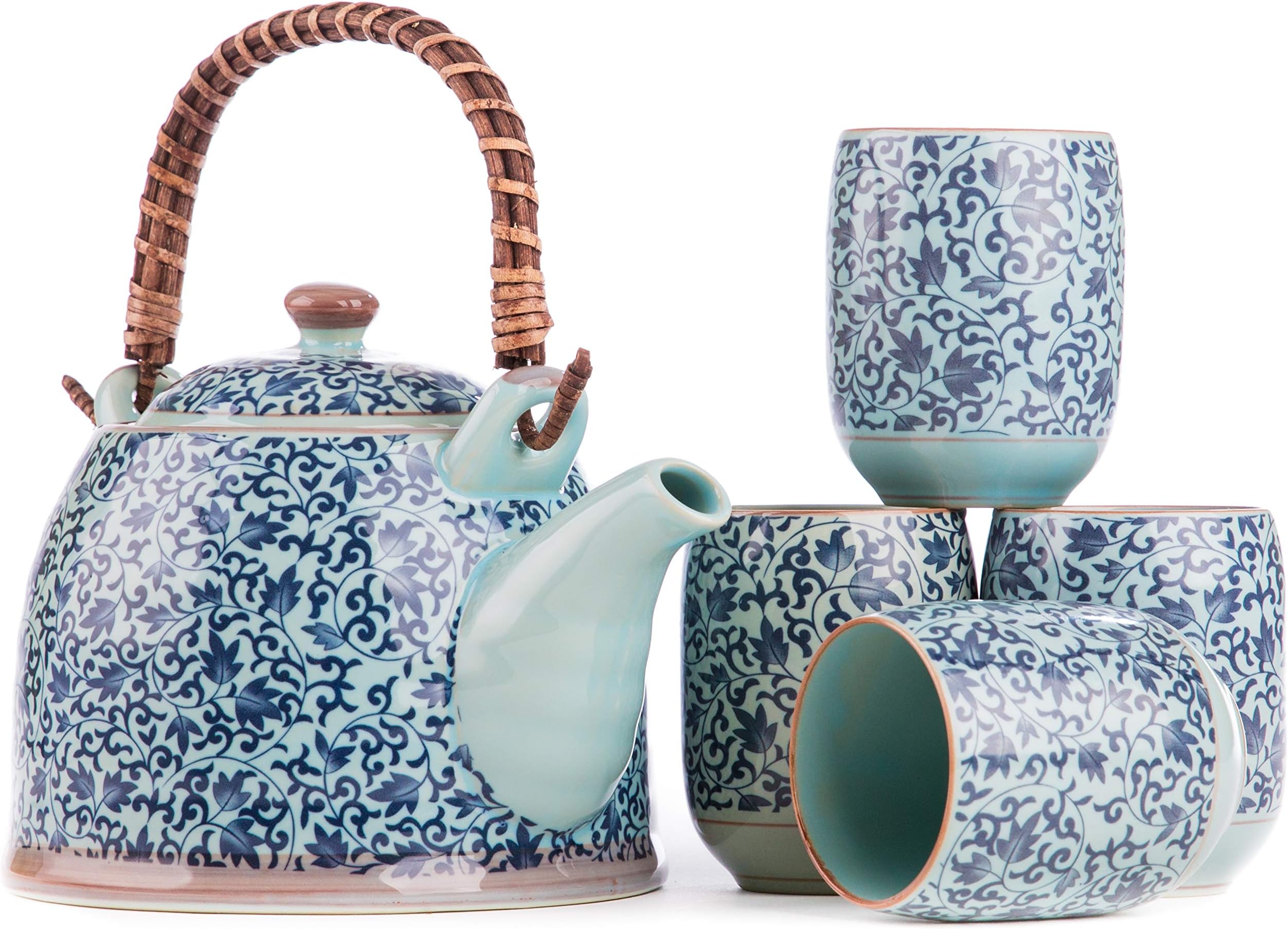 Japanese Royal Porcelain Large Tea Sets – 8 Oz Oriental Blue Floral Cups & 32 Oz Kettle with Stainless strainers/diffuser for loose tea