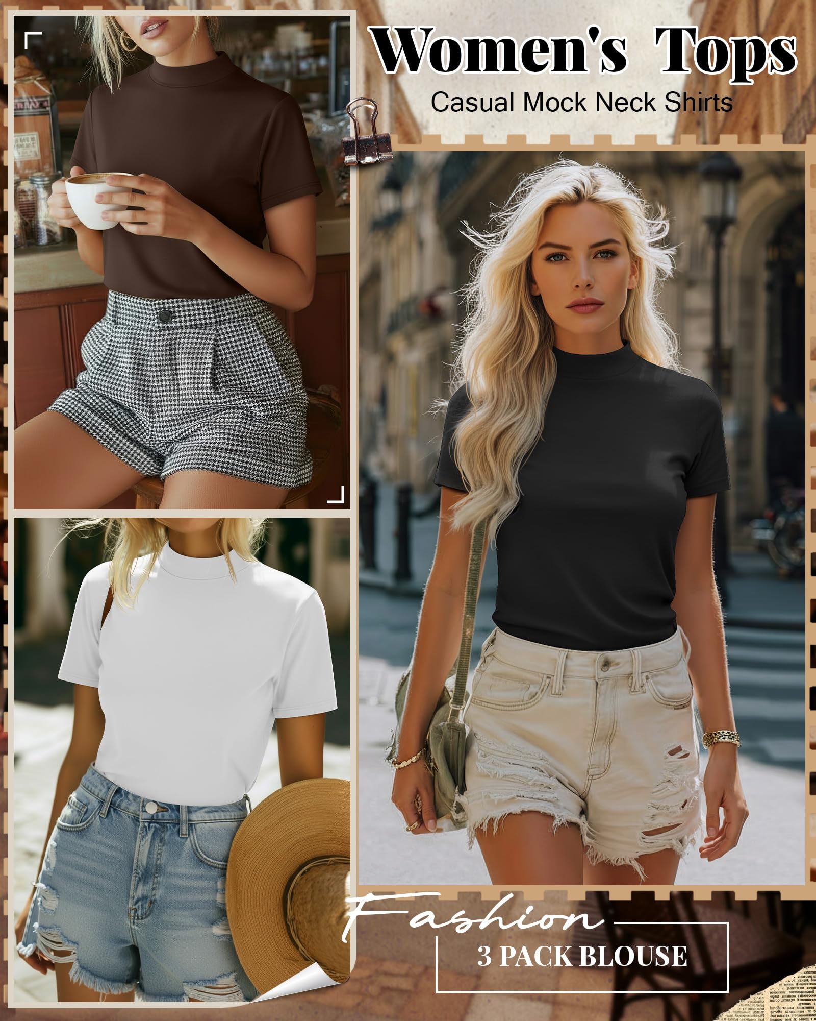 Ficerd 3er-Pack Damen-Shirts mit Stehkragen, Kurzarm-Rollkragenoberteile, Schmal Geschnitten, Lässige Sommer-Basic-Shirts