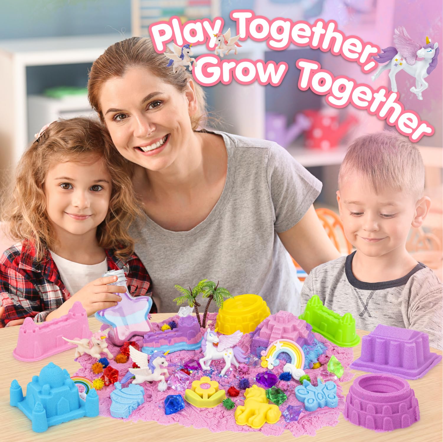snookids Kolorowy magiczny piasek z naturalnego wosku pszczelego dla dzieci 690 g, zestaw piaskowy z 24 foremkami, 3 jednorożce, pudełko do przechowywania, sensoryczna zabawka dla dzieci 3, 4, 5, 6, 7