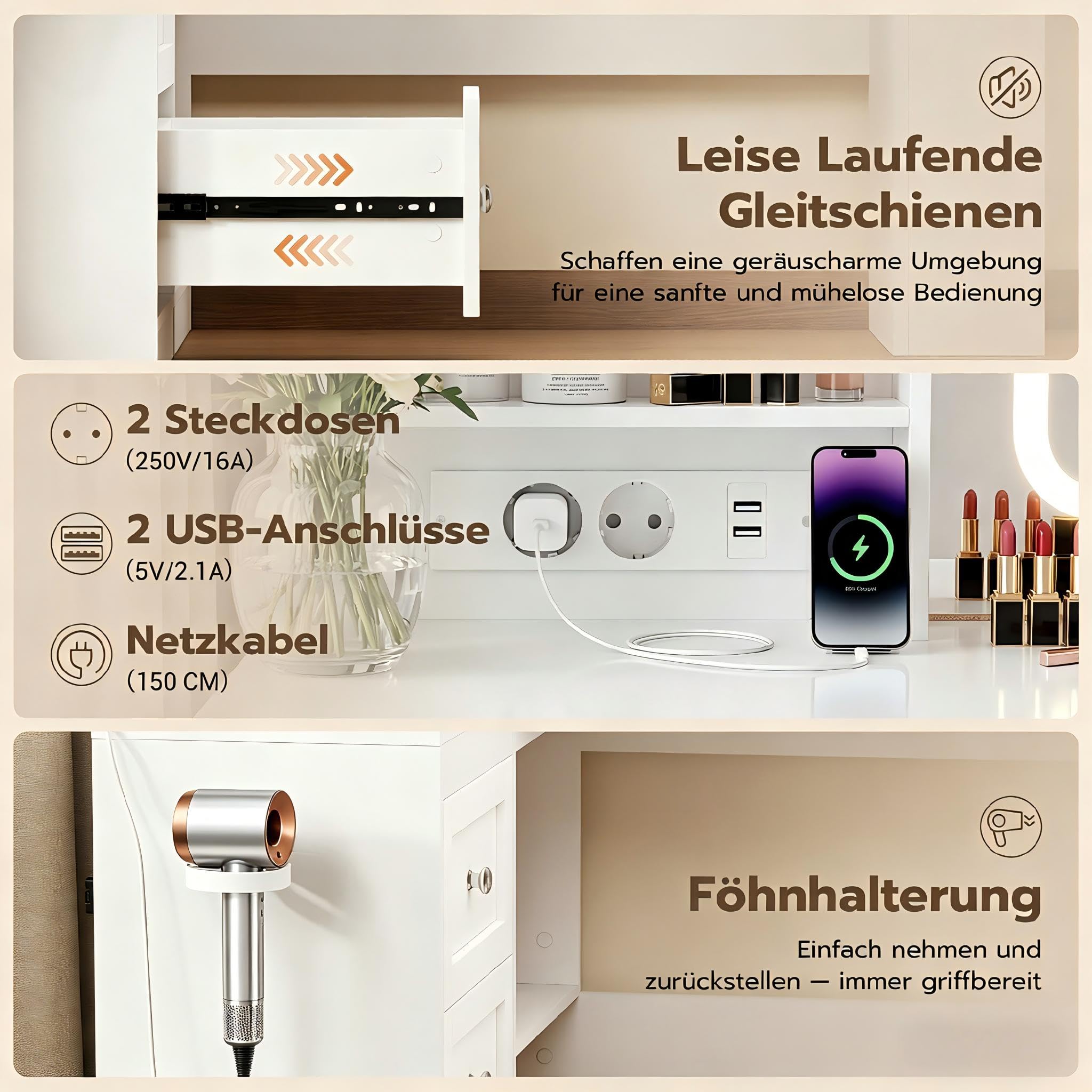YOUDENOVA Schminktisch mit LED-Beleuchtung, Großer Spiegel und Steckdosen, Schminktische mit 3 Schubladen und 3 Ablageflächen, 4 Unterbaufächer, L-Förmiger Eckschminktisch, 120x80x136cm, Weiß