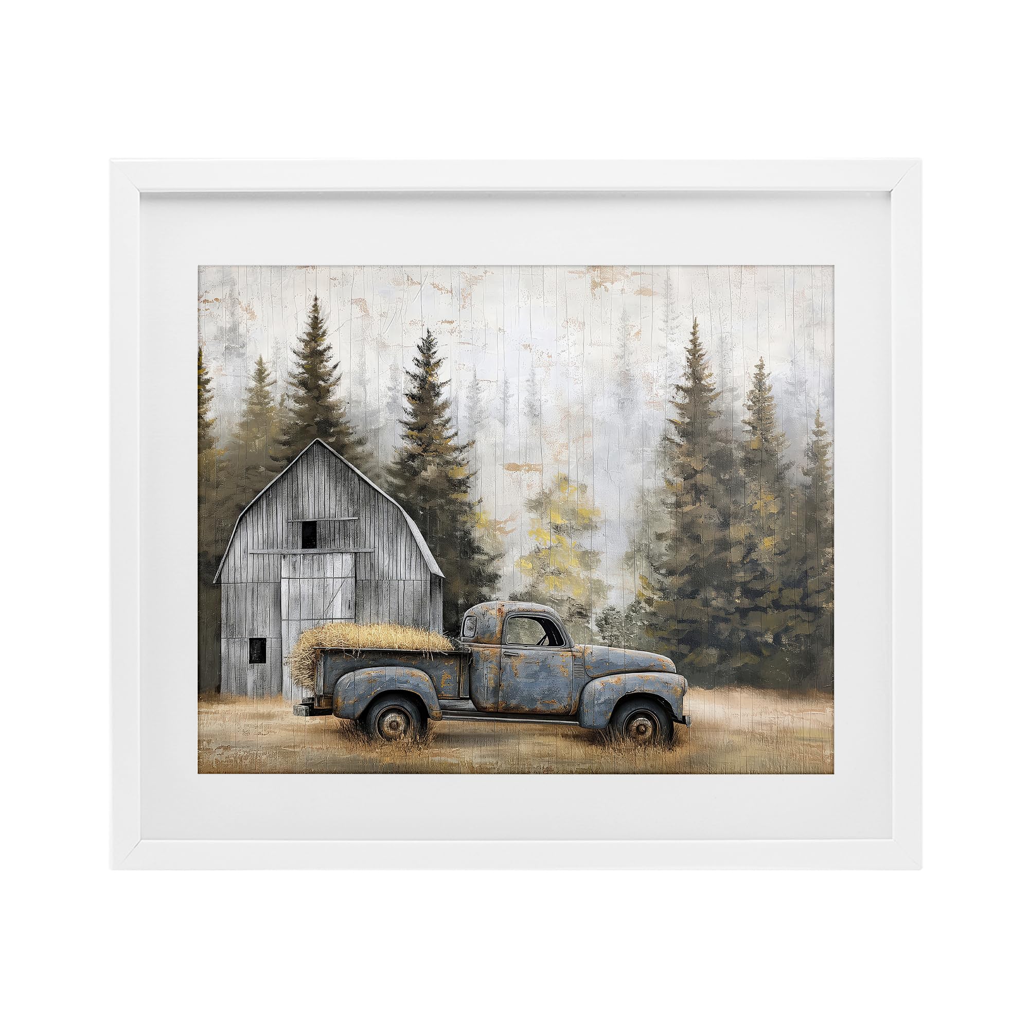 Stupell Industries Coastal White (Textured) Autumn Barn Pine Forest Landscape, 17 X 21 Inch Framed Print Under Glass