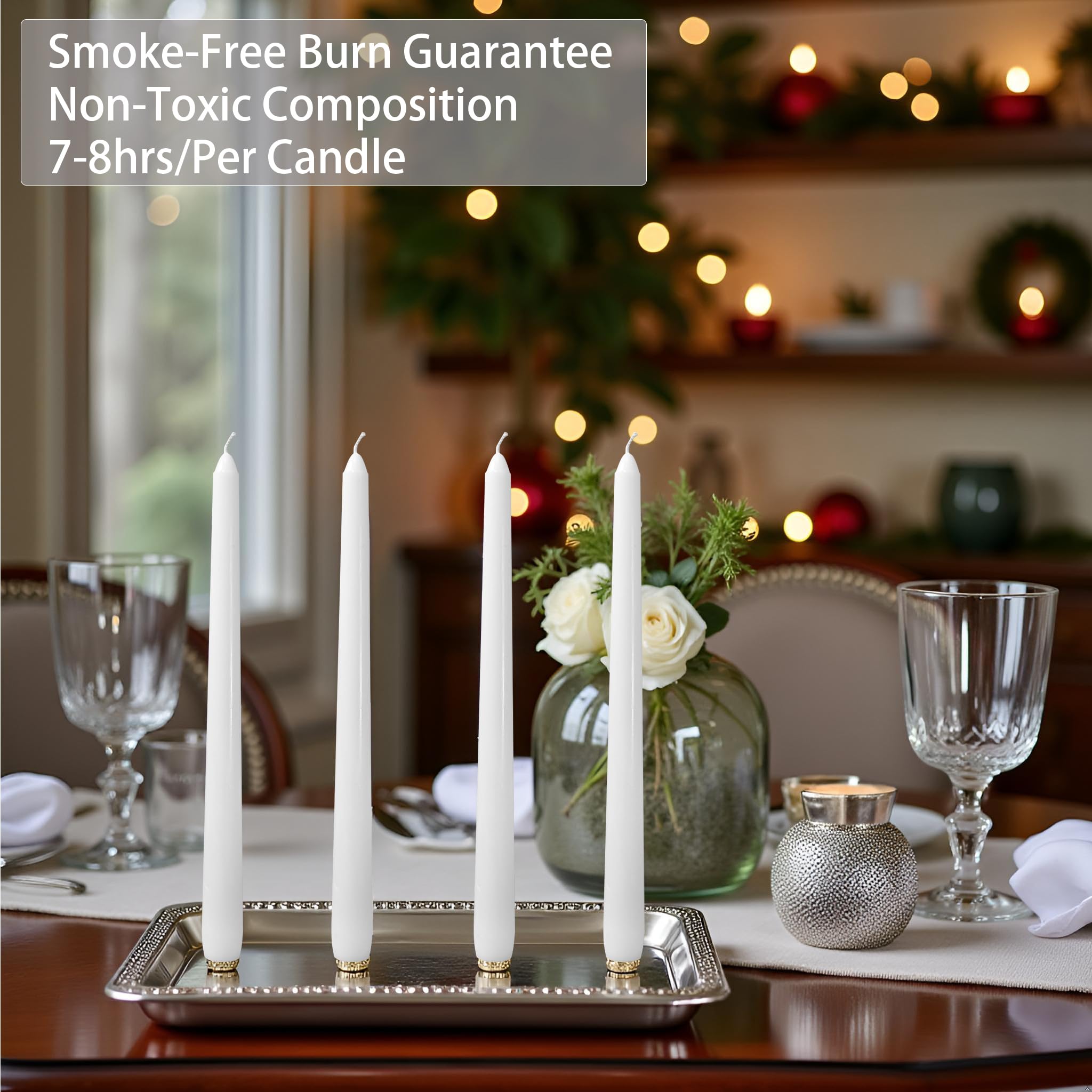 CANDLESEE White 10-Inch Taper Candles: Unscented Smokeless Dripless Candlesticks with 7-8 Hours Burning Time (4/12/24/36/48 Pack)Paraffin Wax Ideal for Holiday, Wedding, Dinner, Christmas, Home Decor