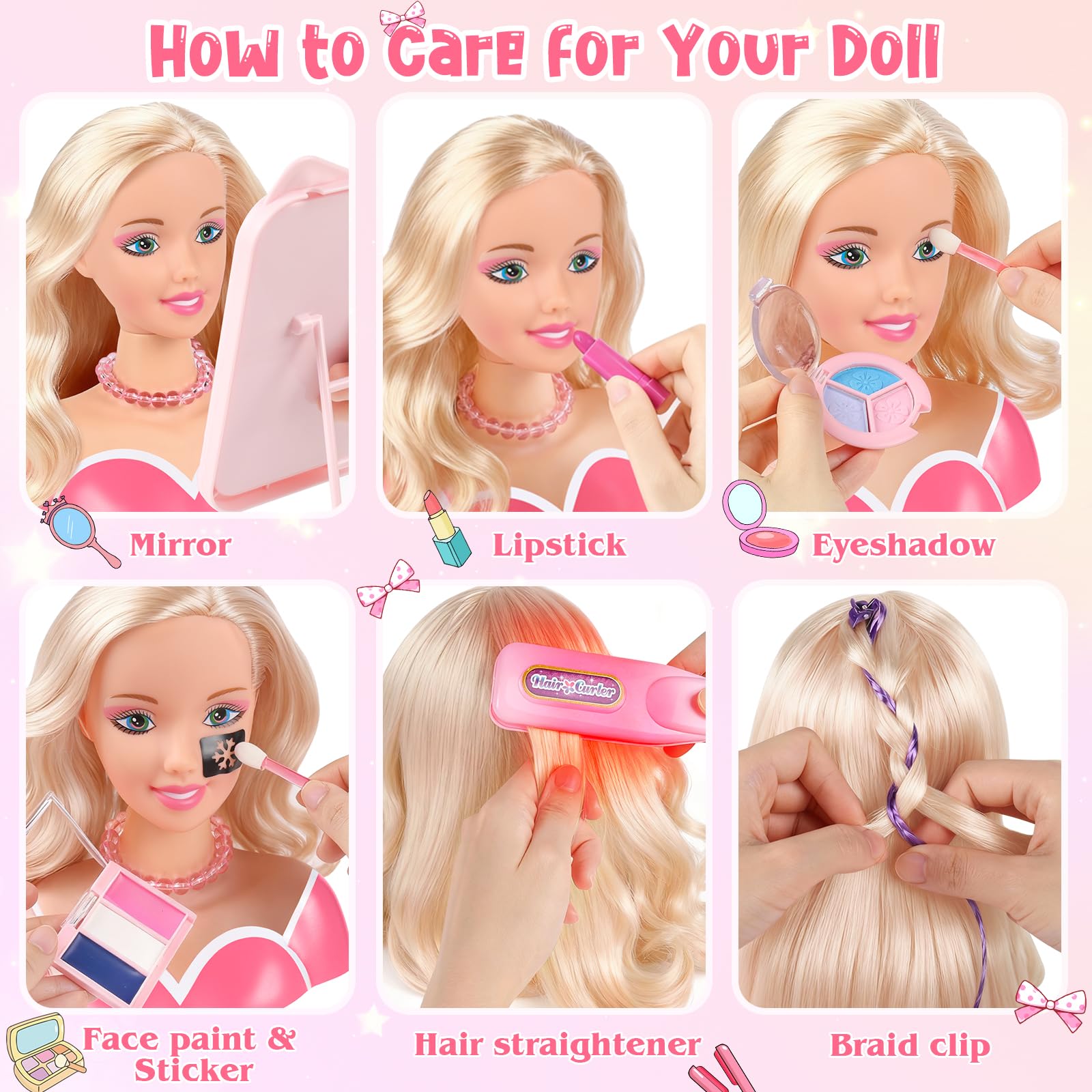 44Pcs Hair Styling Doll Head Toys for Girls, Kids Makeup Hair Salon Pretend Play Styling Kit with Hairdryer, Straightener, Beauty Hair Toy Christmas Birthday Gift for Toddler Girls 3 4 5 6+