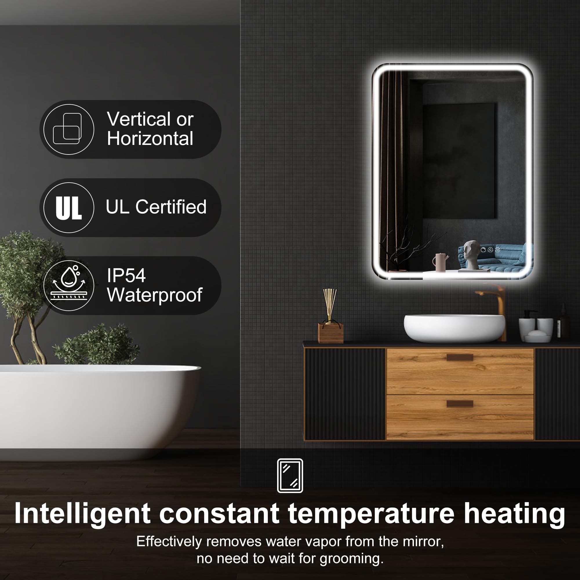 Swesolara 40X28 LED bathroom mirror with light, one key fog removal, 3 key dimming, adjust color temperature, light bathroom vanity mirror, memory function, tempered glass, safe to use (40