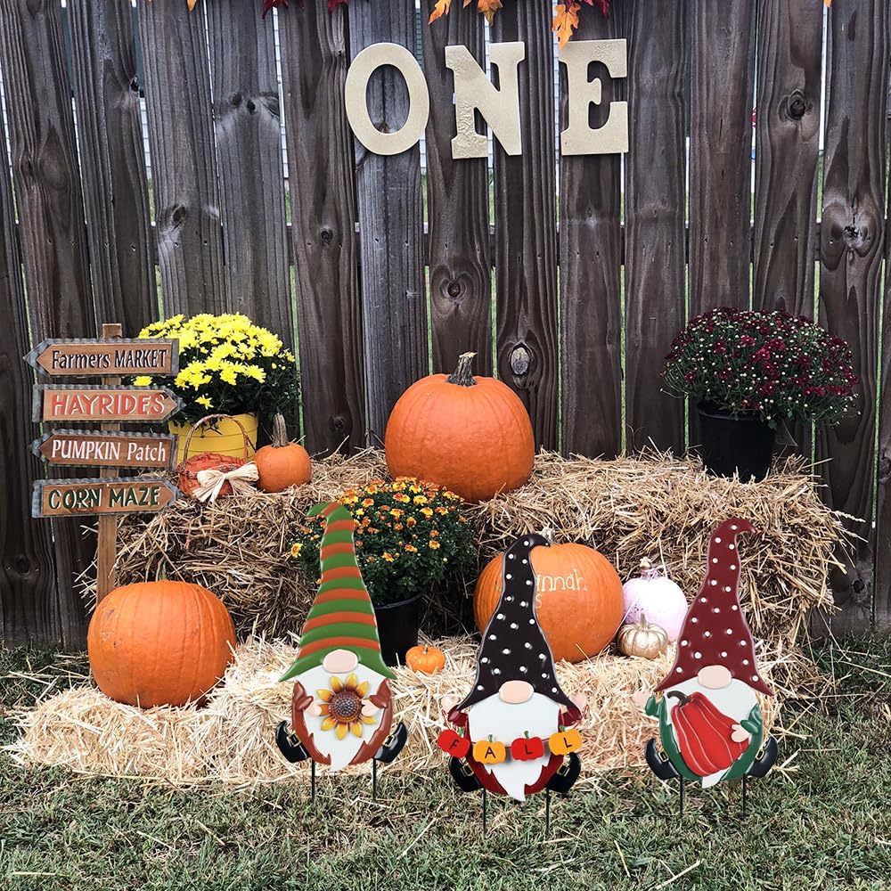 YEAHOME Fall Decorations for Home Outdoor, 3 Pack Gnomes Decorative Garden Stakes for Fall Decor, Autumn Metal Yard Signs for Outside Garden Lawn Porch Thanksgiving Decorations