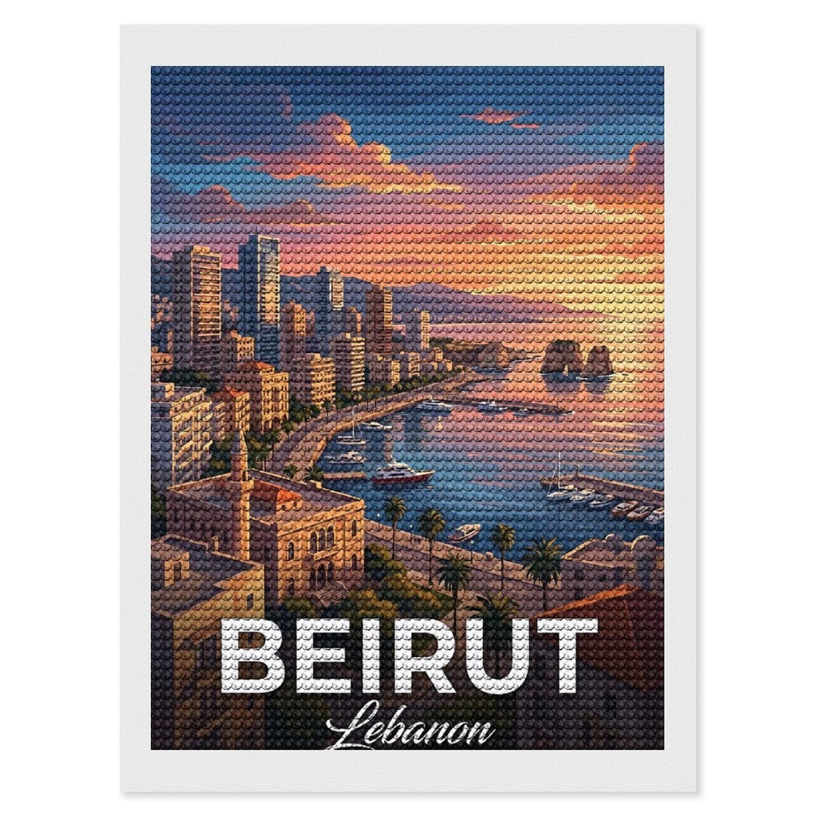 Junmoney Beirut Cityscape at Sunset Diamond Painting Set 12"x16", for Beginners, Modern Decor, Simple to Start, Gift Idea, Pleasing Wall Art Project