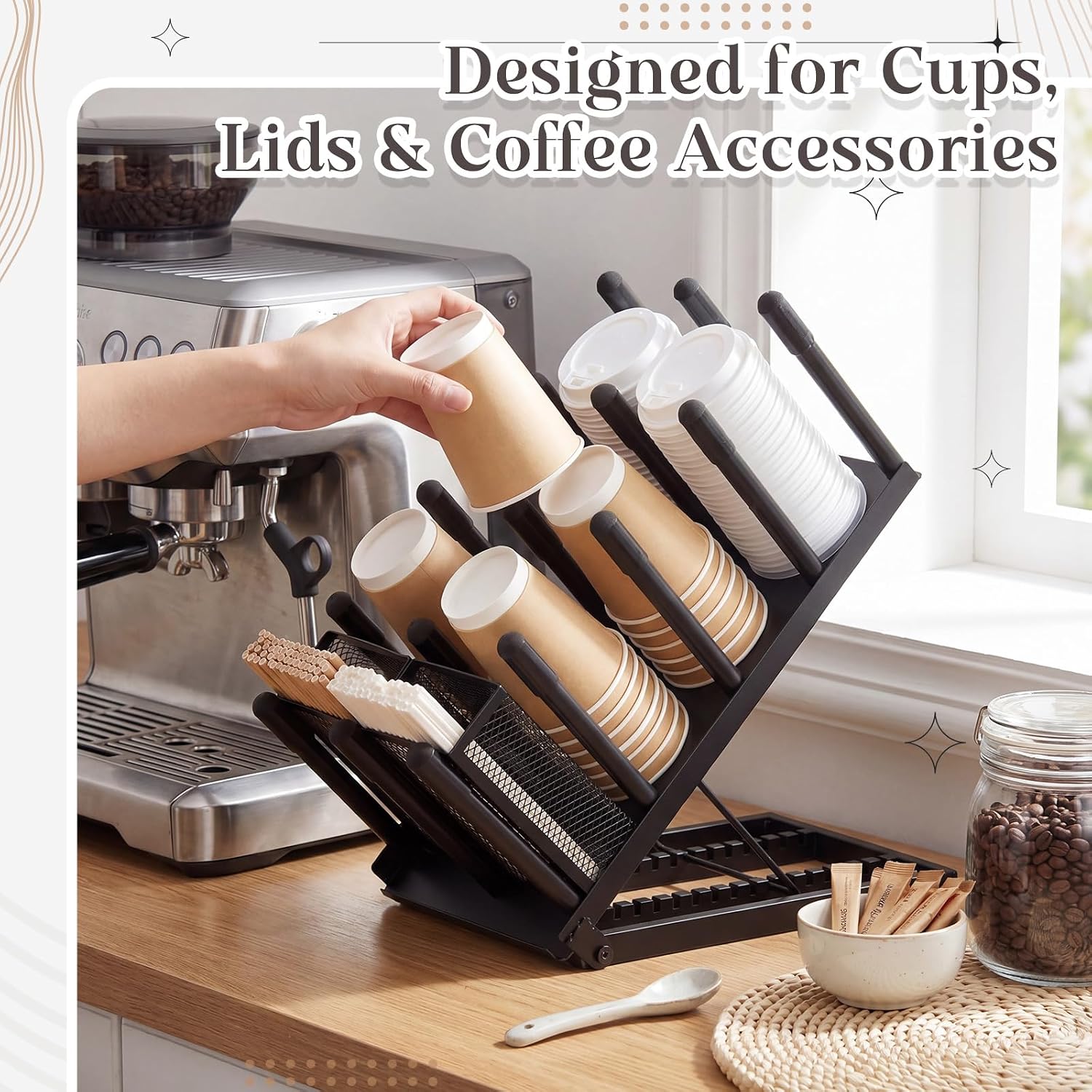 Patelai Coffee Cup and Lid Holder Organizer, Adjustable 8 Compartment Disposable Cup Dispenser with Straw Storage Basket, Metal Coffee Station Organizer for Countertop, Office Breakroom Bar