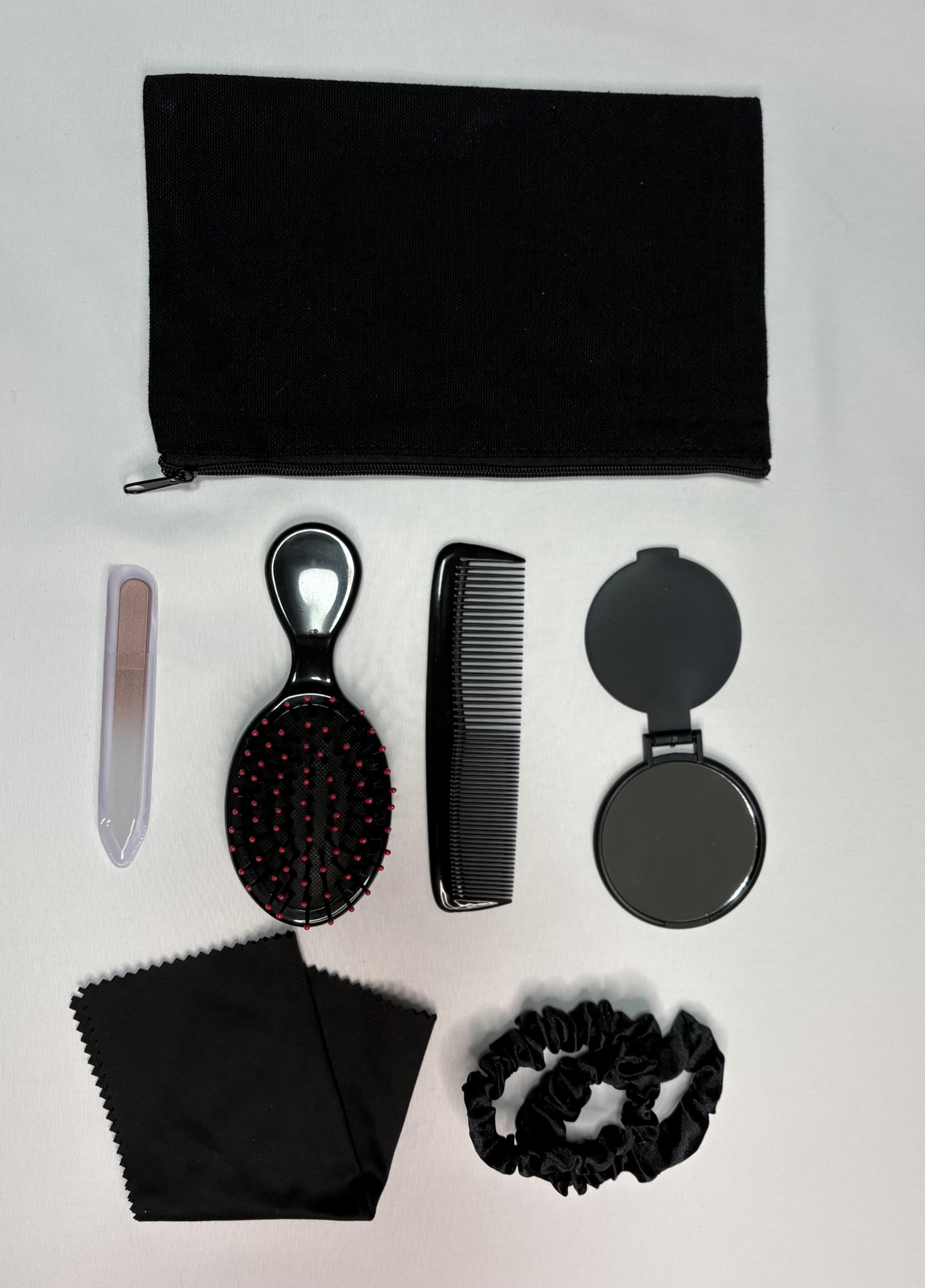 Purse Essentials Kit for Women – 8 Piece Travel Hair & Grooming Set with Compact Mirror, Mini Brush, Comb, Nail File, Scrunchies & Cosmetic Pouch