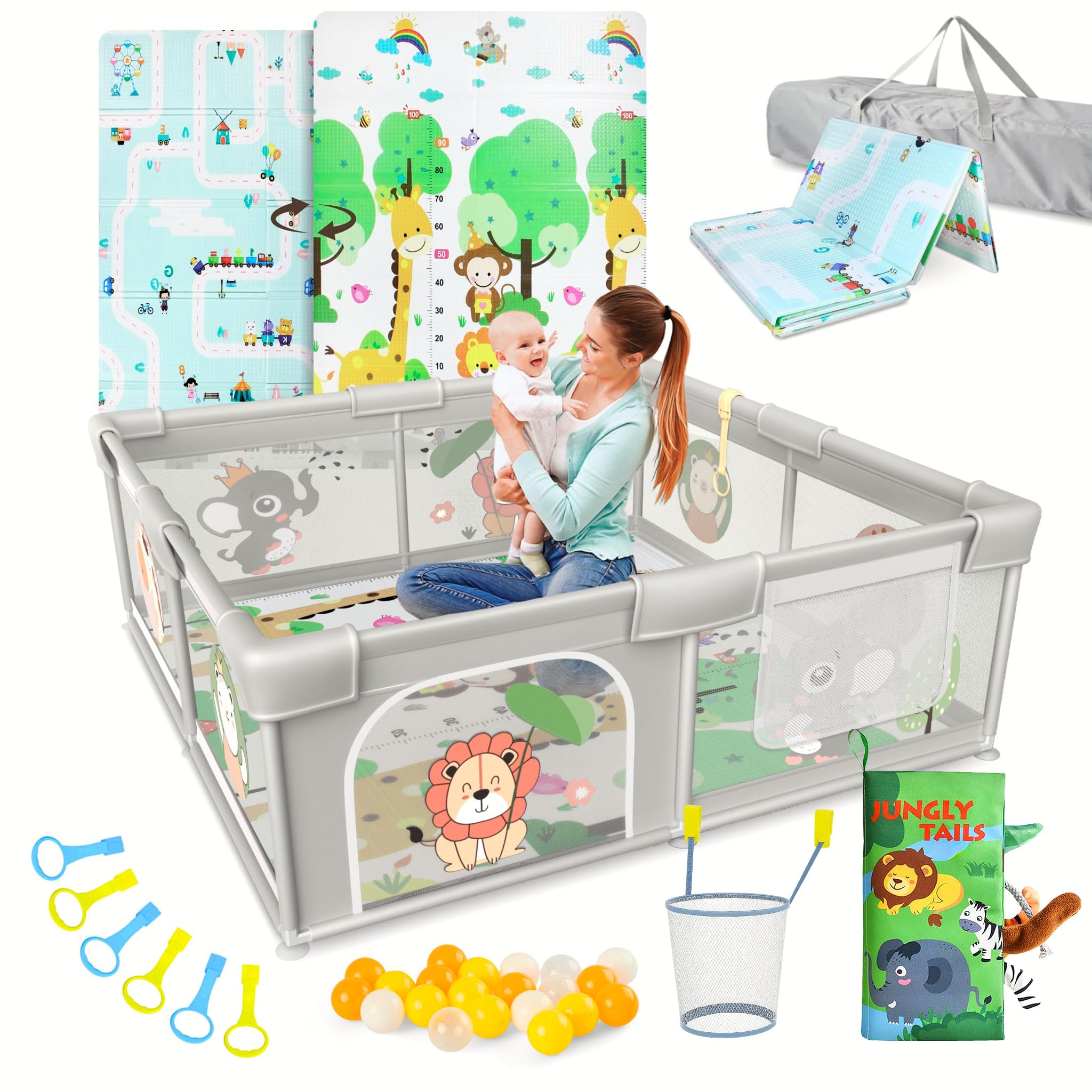 BELLEBEBE - Parque Infantil Bebe - 150x180 cm - Corralito bebe con Alfombra Acolchada Plegable + 50 Bolas + Canasta de Juego + Libro Bebe Sensorial de Tela y 6 Agarraderas -Diseño animales de la selva