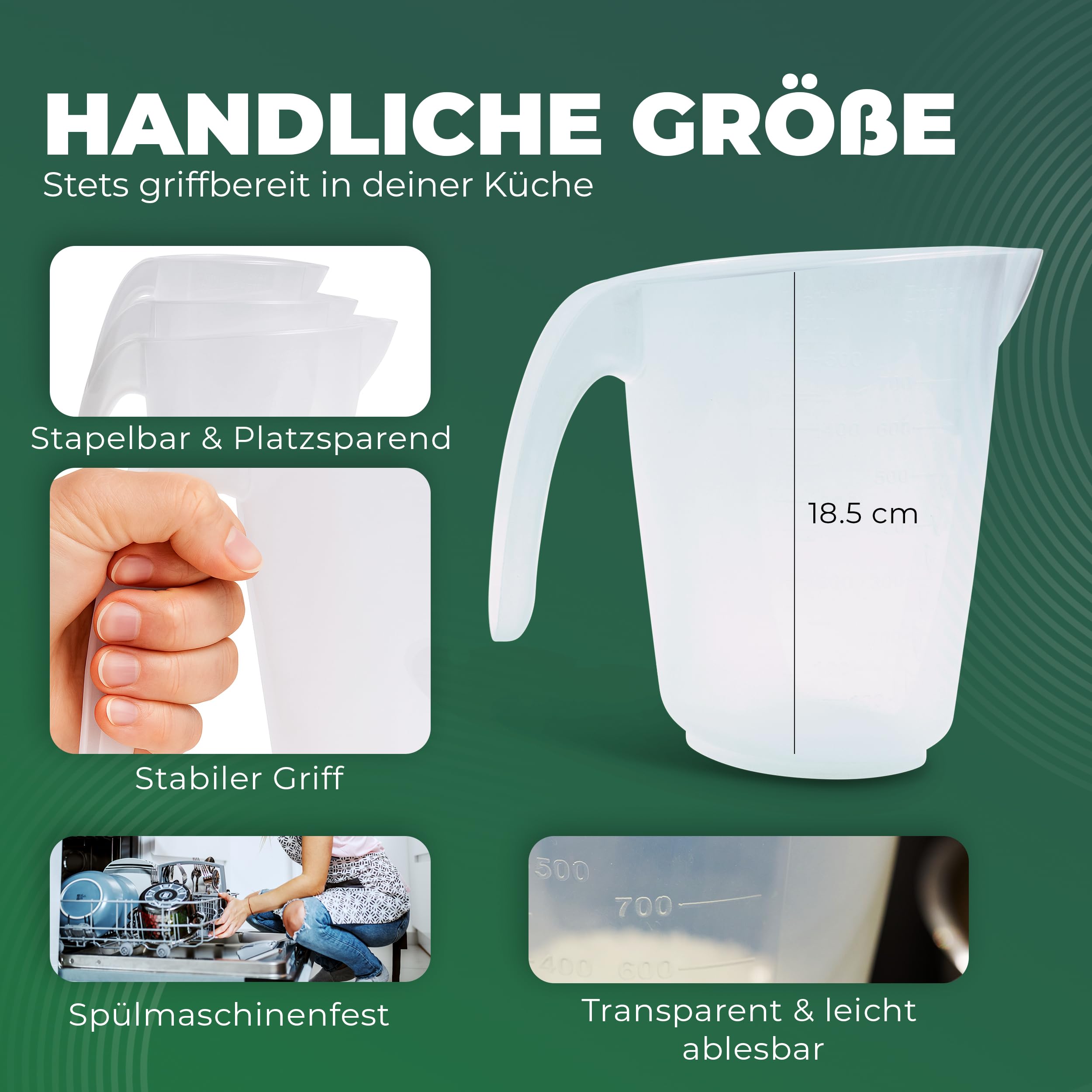 Novaliv Juego de 10 vasos medidores de 1 l, vaso medidor, 1000 ml, transparente, con escala transparente g/ml para líquidos de harina y azúcar, fabricado en Alemania, apto para lavavajillas