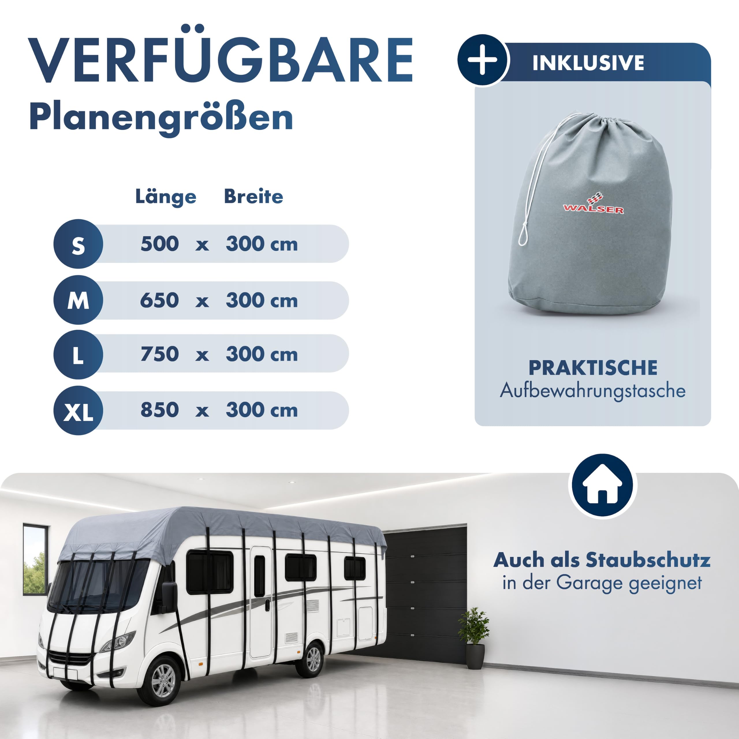 WALSER Plandeka dachowa do przyczep kempingowych i kamperów, 100% wodoszczelna i odporna na promieniowanie UV, 750 x 300 cm, odporna na warunki atmosferyczne, plandeka ochronna do kamperów, szara