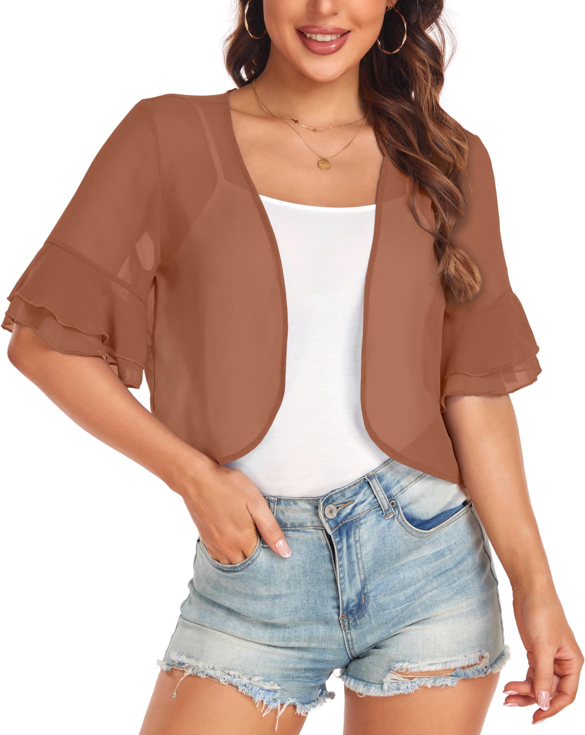 Women Shrug Chiffon Cardigans Open Front Short Sleeve Bolero for Evening Dressy