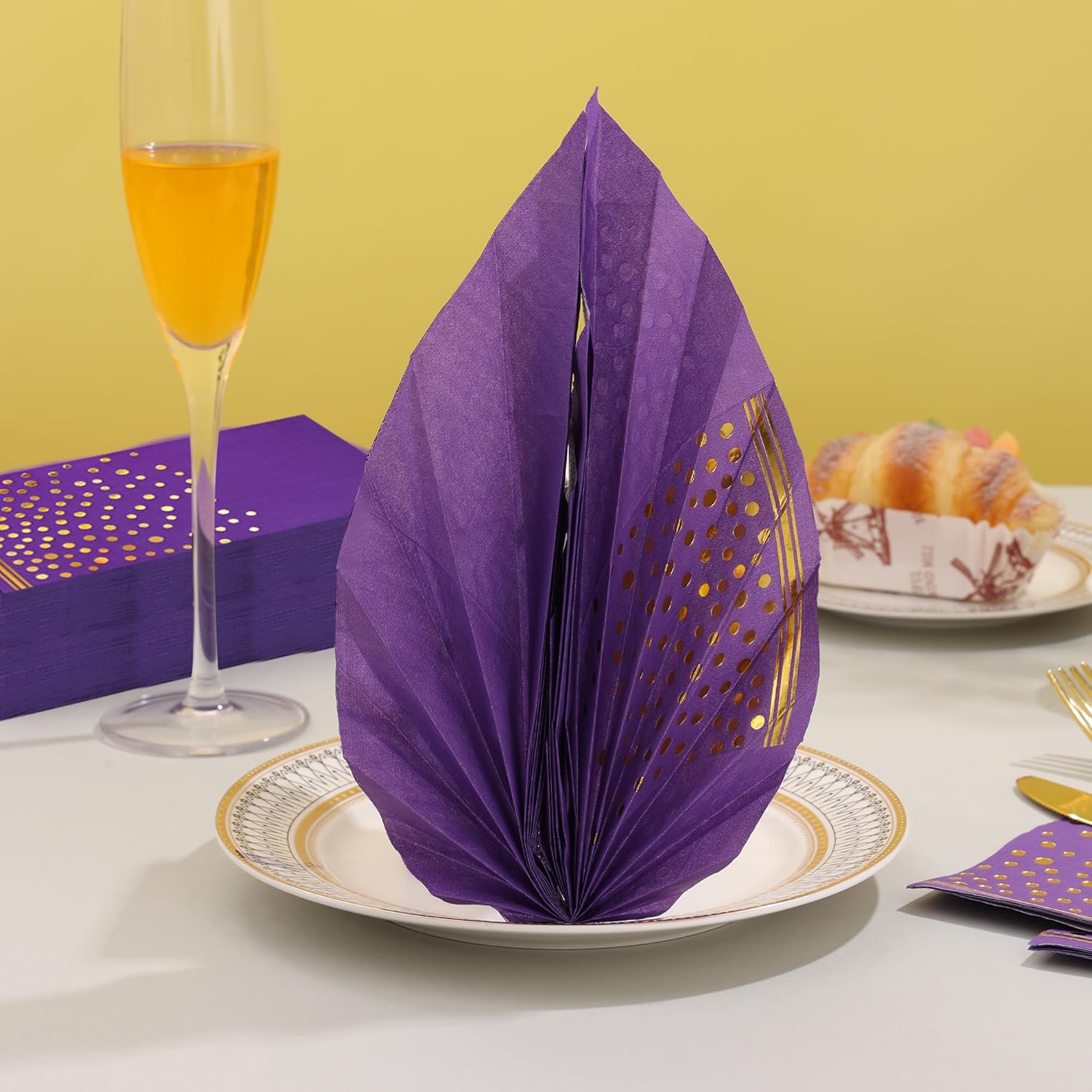 100 Pcs Purple Paper Napkins Disposable - Purple Gold Dot Dinner Party Napkins for Bathroom Wedding Anniversary Birthday Mardi Gras Party Supplies - Image 5