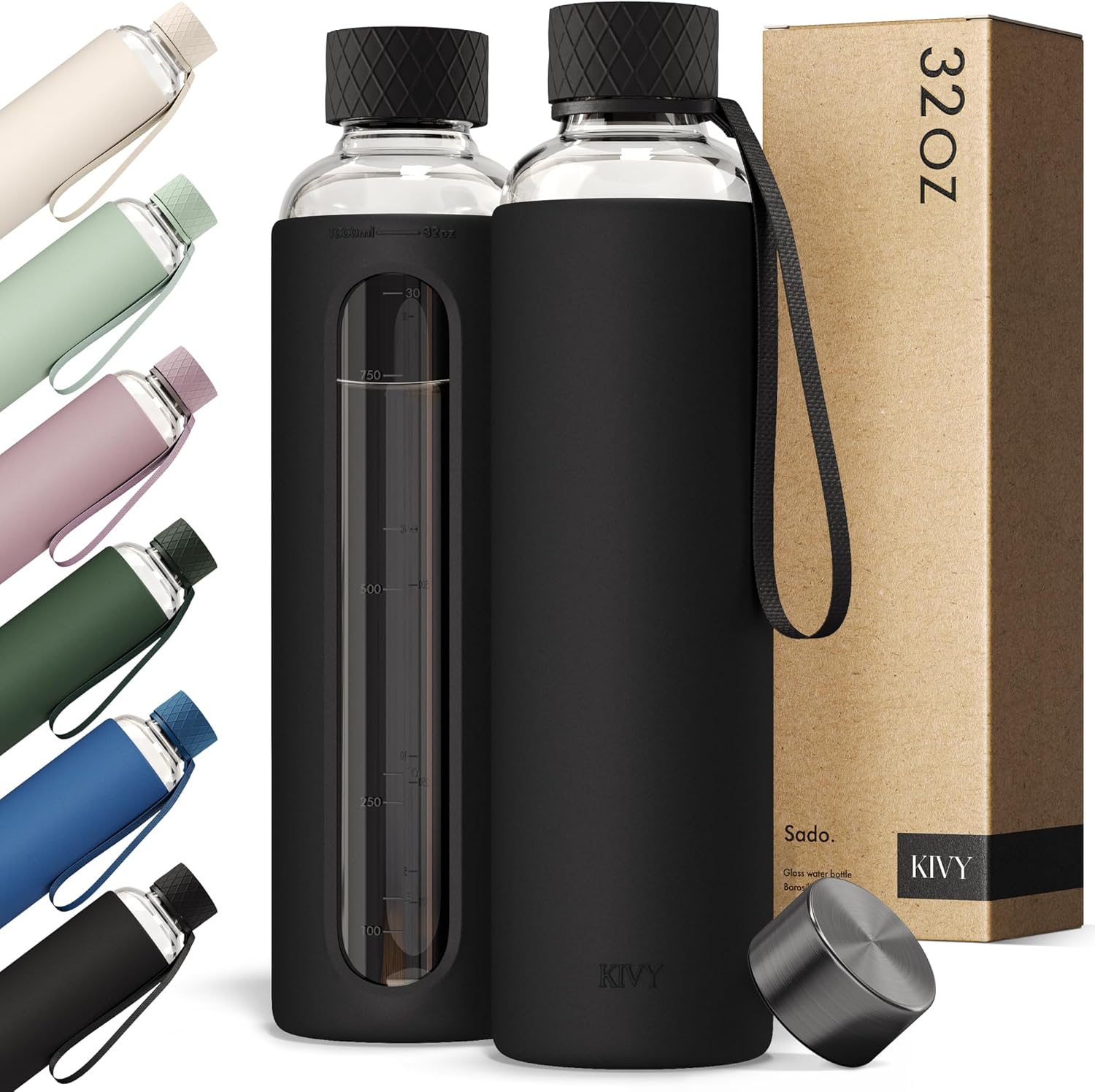 KIVY Glass Water Bottle with Silicone Sleeve 32 oz [WITH MEASUREMENT] – Borosilicate Glass Water Bottle Screw Top – Clear Bottles with Measurement Marking – Slim Waterbottle Aesthetic – Black