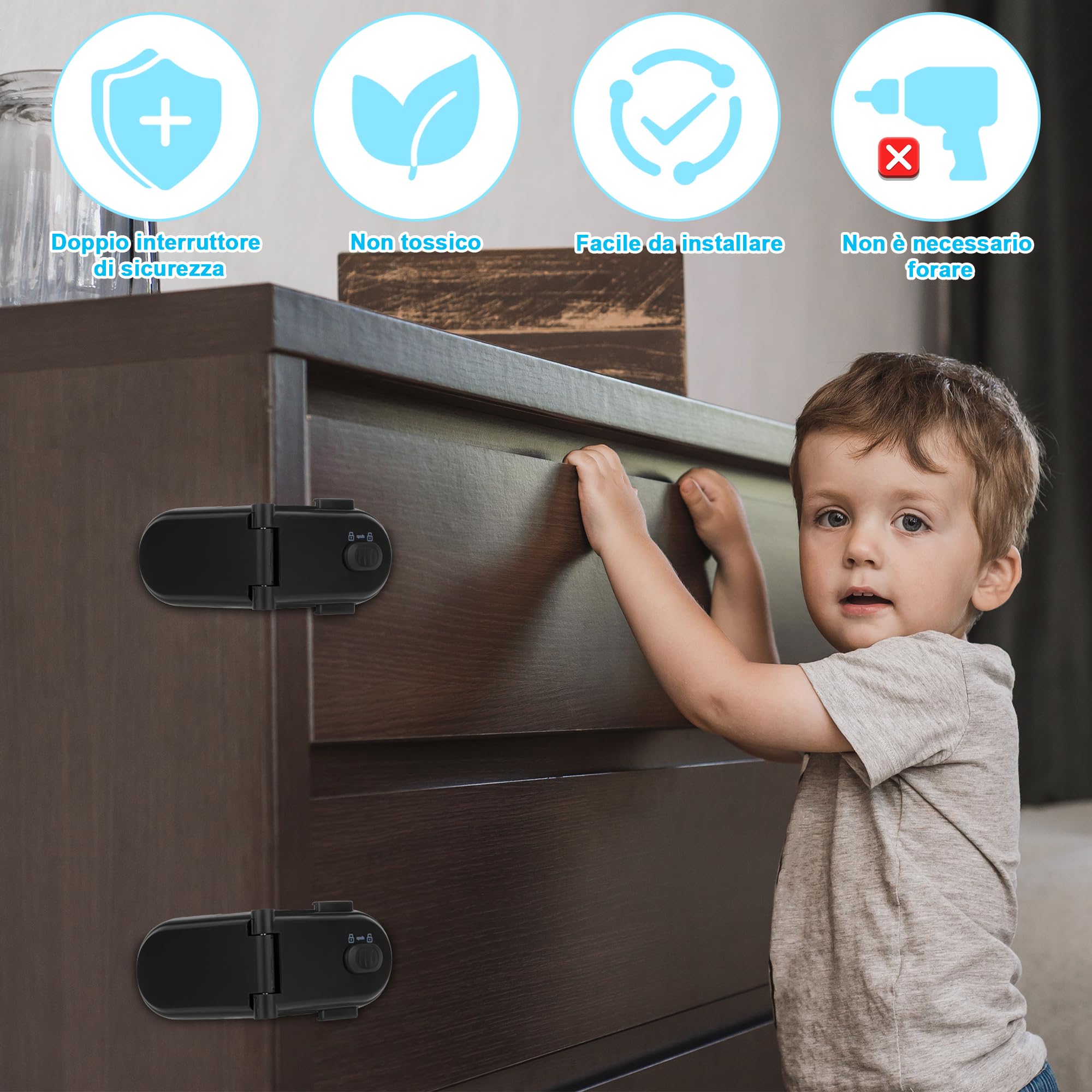 REDTRON Serrature per di sicurezza per bambini con doppio interruttore di sicurezza (4 pezzi, nero), blocca cassetti per bambini, facili da installare con adesivo 3M