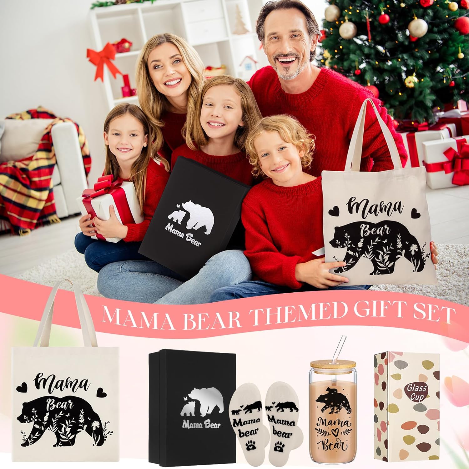 4 Pcs Christmas Mama Bear Gift Set for Mom, Women Retirement Birthday Gifts Include 16 oz Ice Coffee Cup with Lid & Straw Socks Canvas Bag with Storage Box for Mother Daughter Wife Grandma - Image 7