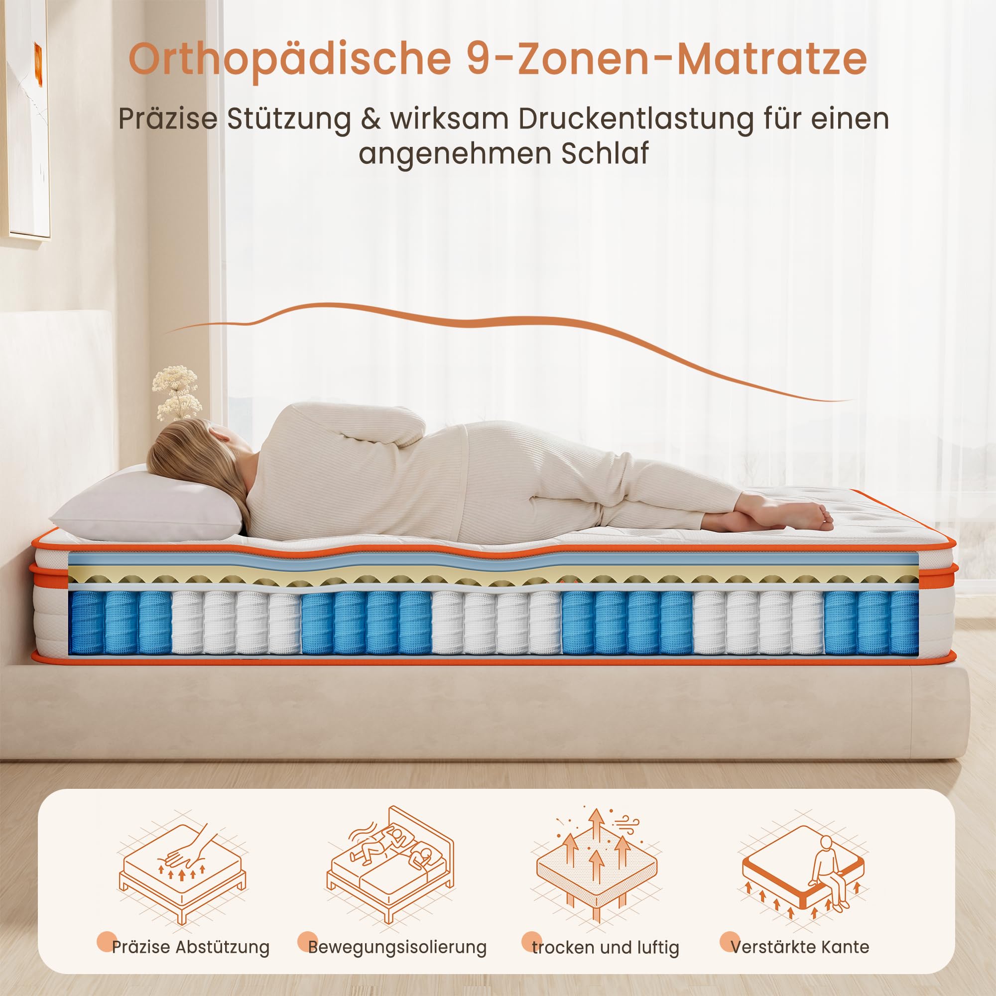 TeQsli 9-Zonen Matratze 140x200 cm H3 mittelfest 25cm Höhe, Ergonomische Taschenfederkernmatratze mit Gel Memory Schaum, Rücken- & Druckentlastung, Atmungsaktiver Bezug Öko-Tex & CertiPUR zertifiziert