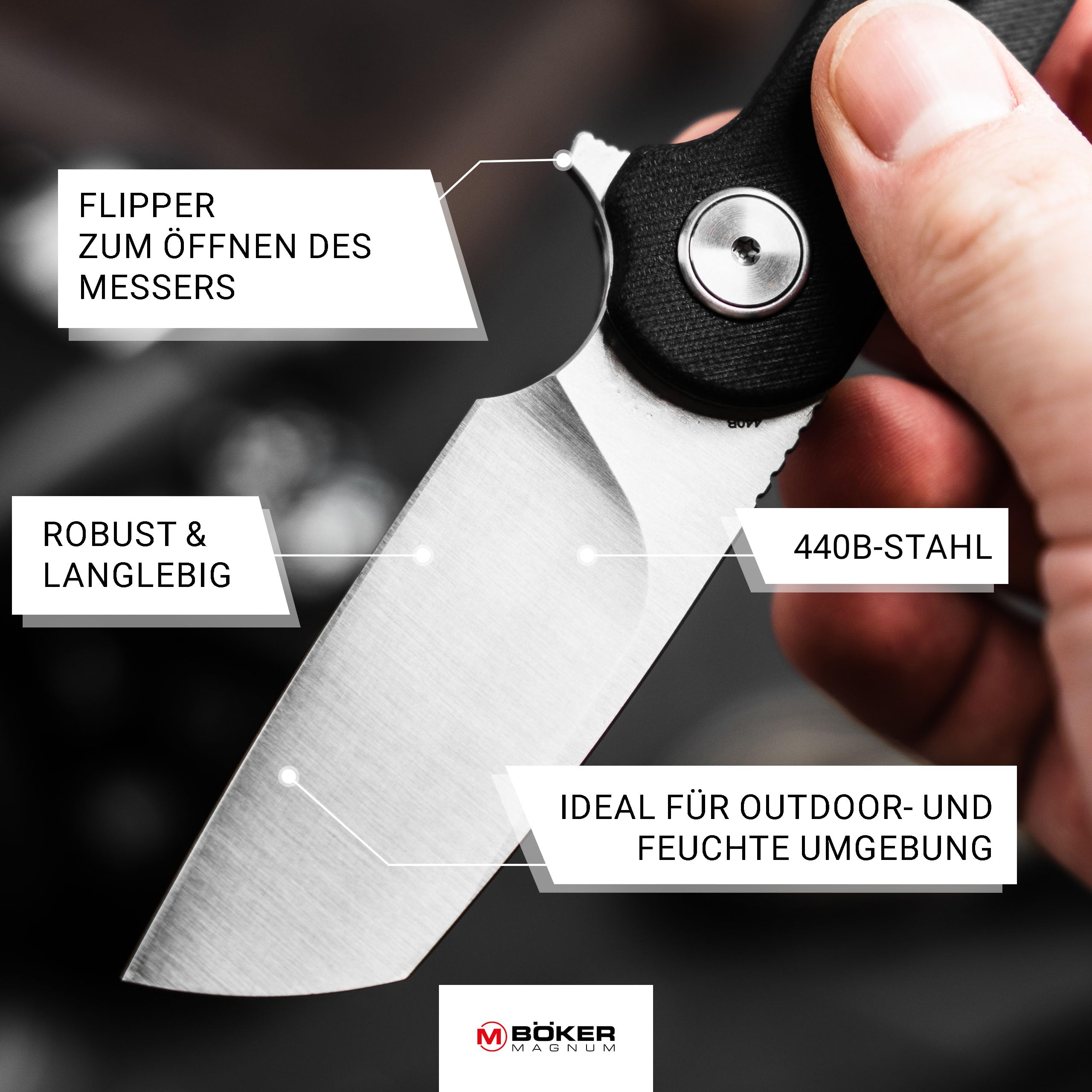 Magnum® Cliff Wharn Folder Knife – Einhand Klappmesser mit 7 cm 440B Wharncliffe Klinge – 1 Hand Flipper Messer mit Linerlock - Profi Taschenmesser mit G10 Griff schwarz