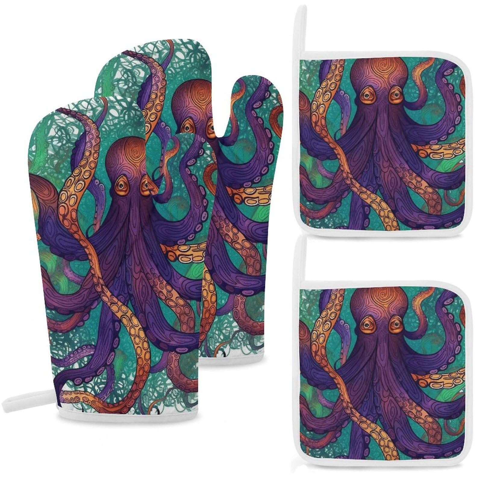 Colorful Octopus Oven Mitts and Pot Holders Sets Heat Resistant Oven Glove with Hanging Loop for Baking Cooking BBQ Thicken Potholders for Kitchen