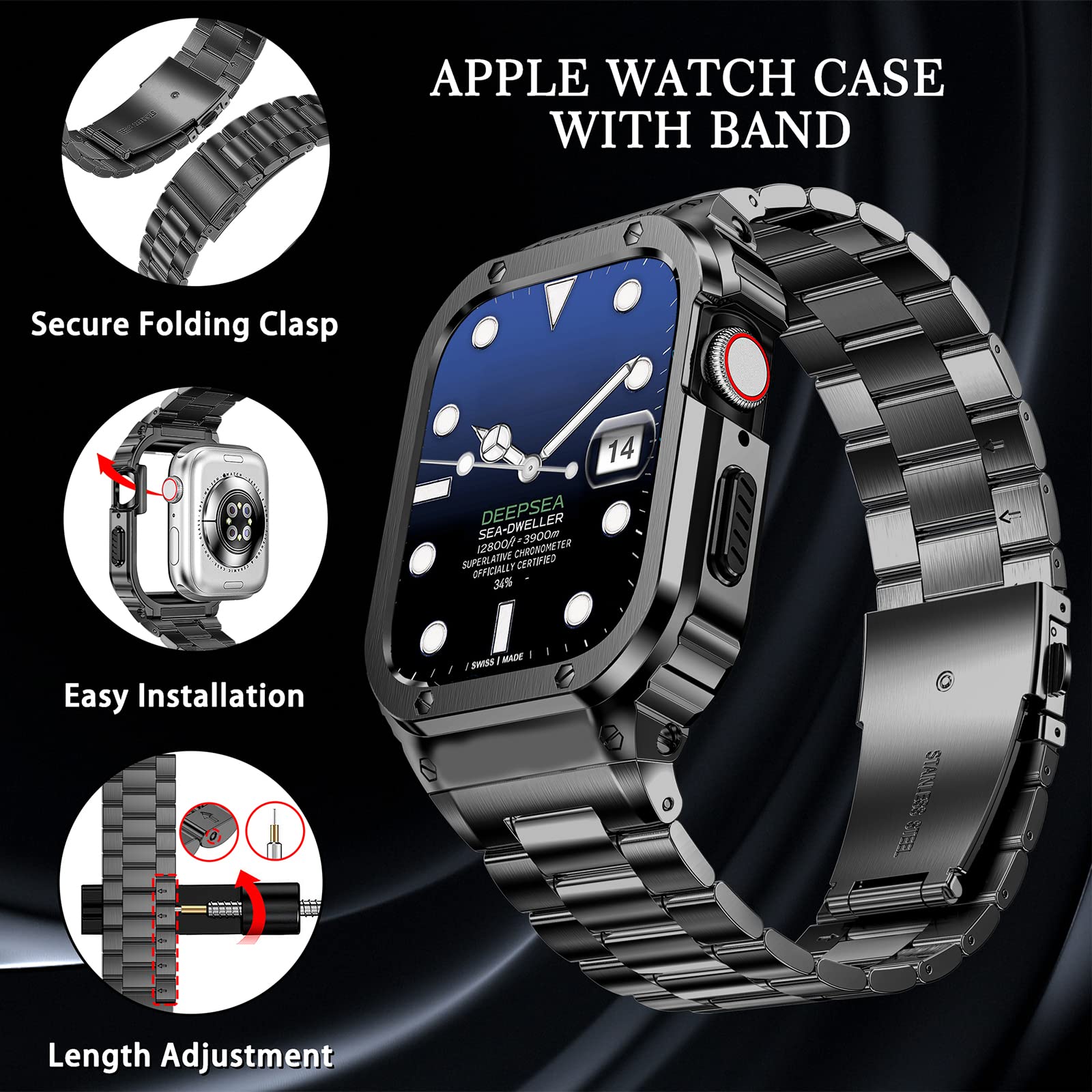 Cinturino per Apple Watch compatibile per iWatch Serie Ultra (49 mm) 8/7 (45 mm/41 mm) 6/5/4/SE (44 mm/40 mm), cinturino in acciaio inossidabile con custodia, cinturini in metallo per iWatch e cover protettiva per uomo