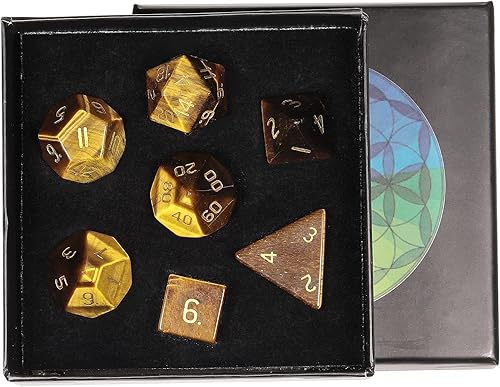 rockcloud Tiger's Eye DND - Juego de 7 dados poliédricos hechos a mano con piedra de cristal curativo con caja de dados para juegos de mesa RPG MTG,