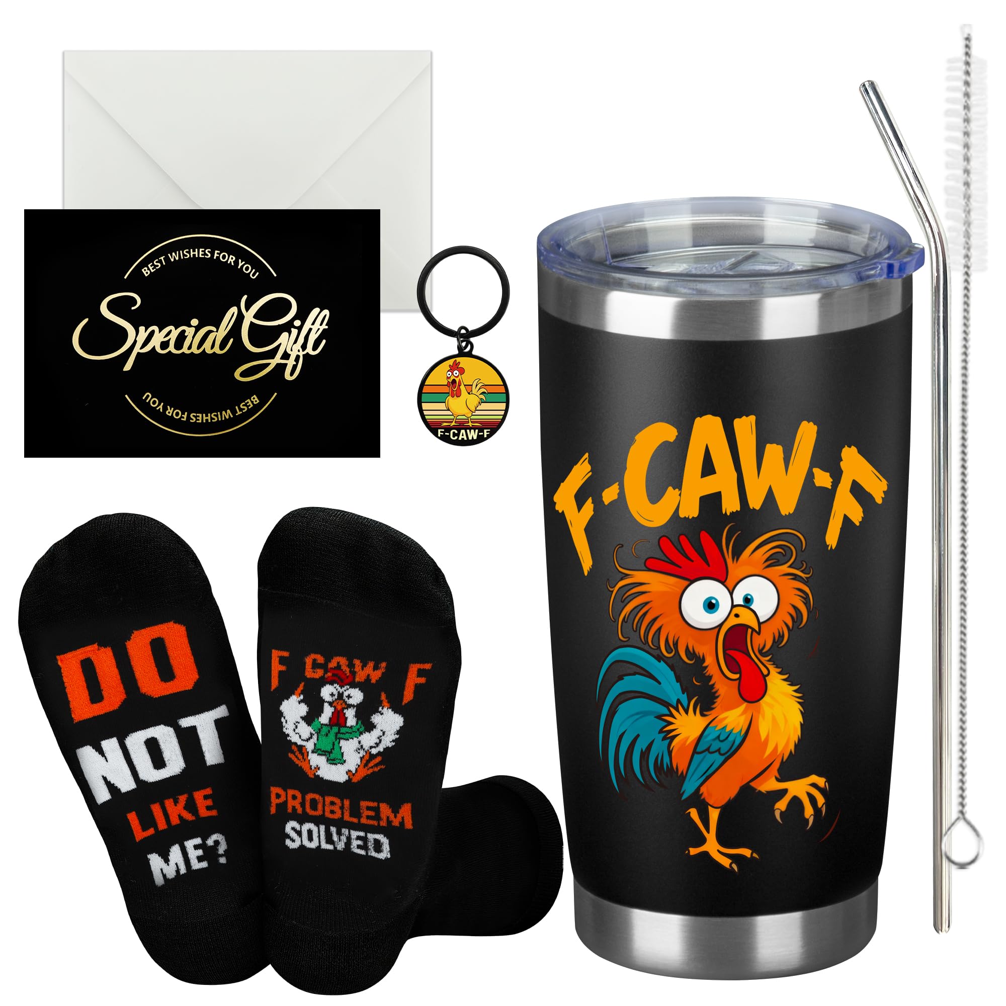 Sektasu Funny Rooster Tumbler Gift Set for Men Women, Stainless Steel Insulated Coffee Tumbler with Novelty Socks, Keyring, Greeting Card, Sarcastic Office Humor Gifts for Coworkers Friends