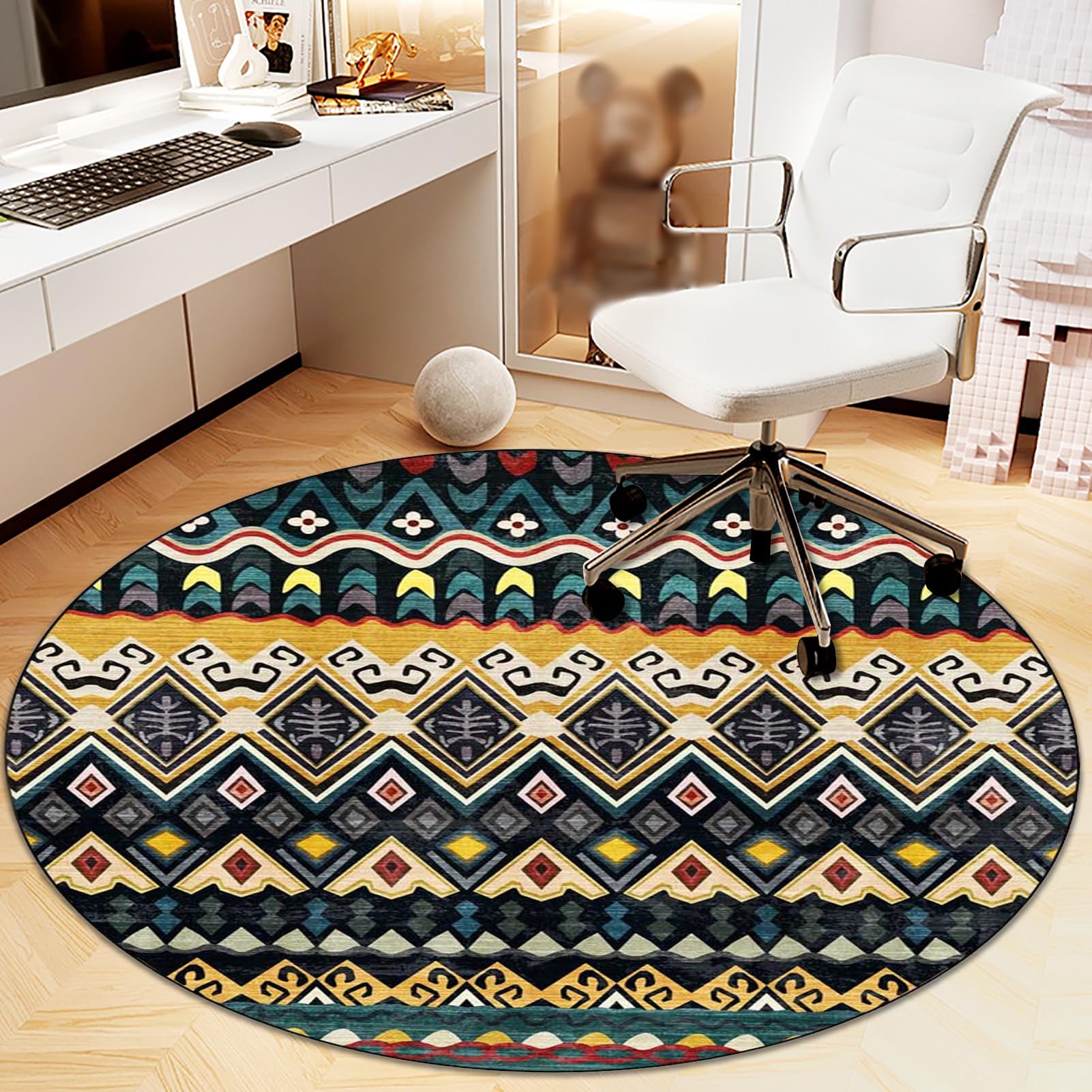 Heavyoff Round Office Chair Mat for Carpet,Easy Glide Hard Wood Tile Floor Mats,Chair Mat for Hardwood Floor,Geometric Patterns Desk Chair Mat for Home Office Rolling Chair, Style 10, 150x150cm