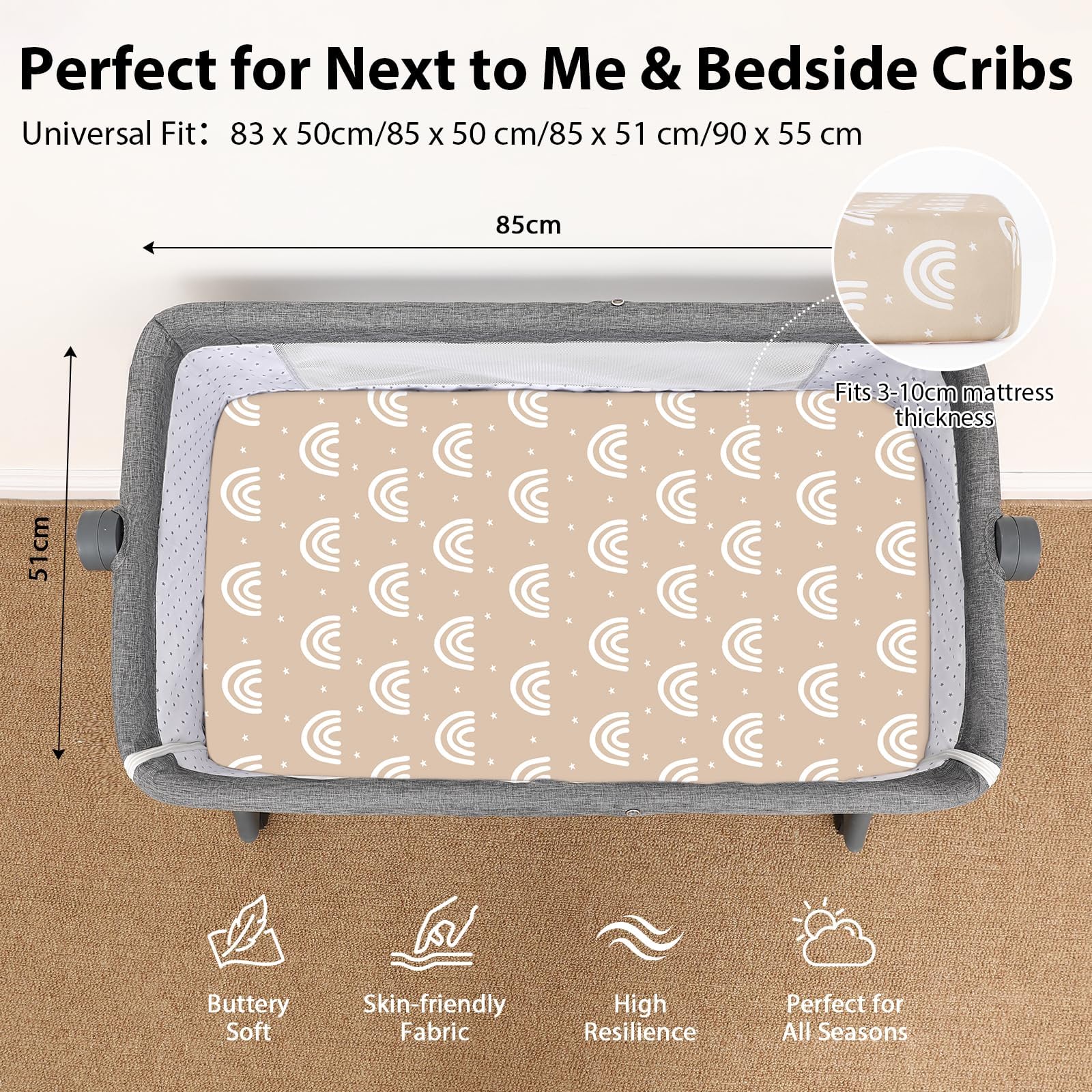 FIEMOL Next to Me Crib Sheets 85x51cm Fitted, 3 Pack Baby Cot Sheets - Image 3