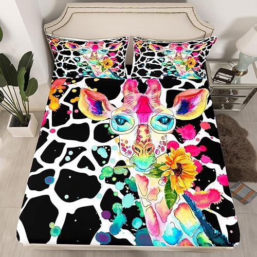 Miniatura 1 de Erosebridal Sábana bajera ajustable de jirafa arcoíris tamaño Queen, lindos animales, sábanas con estampado de jirafa negra y blanca, hippie, teñido