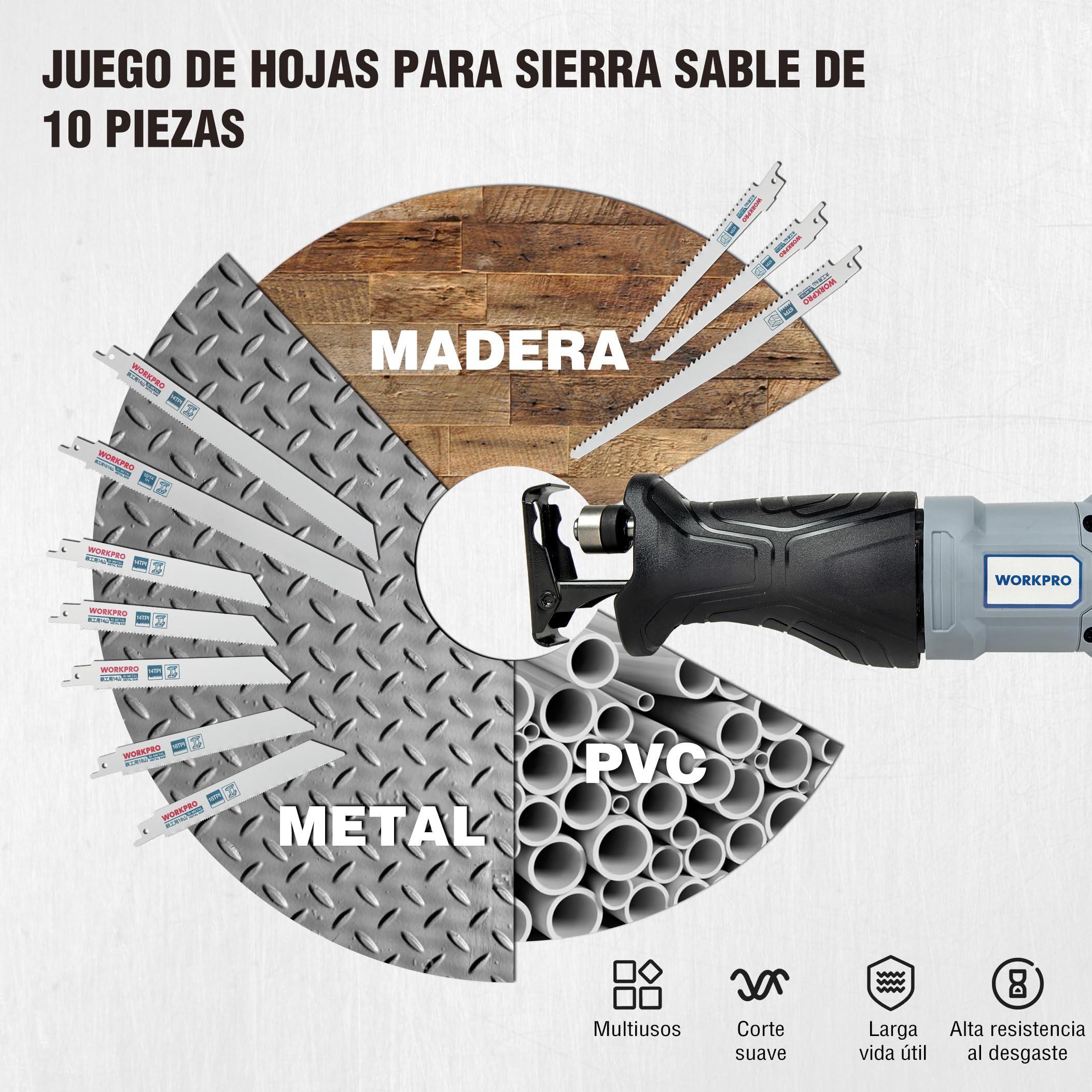 WORKPRO Hojas de Sierra Sable 10-piezas, Cuchillas para Madera y Metal, Accesorios de Sierra de Sable (150mm,230mm de largo ; 6/10/14/18 TPI), con Caja Plástica