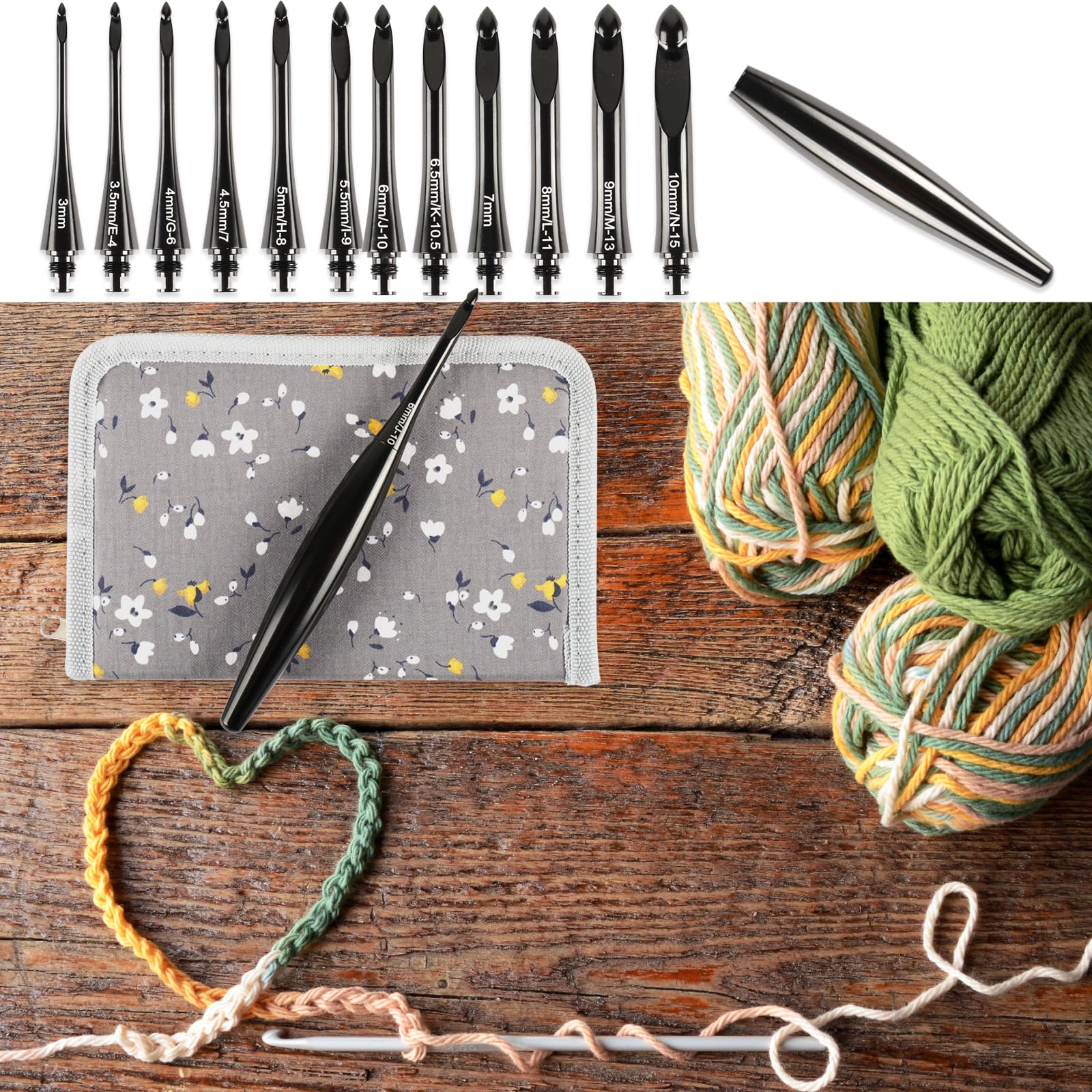 Svartur Austauschbares Häkelnadel-Set mit 12 Haken, ergonomische Häkelnadeln, großer Griff, US-Größen E-4 bis N-15 (3 mm-10 mm), glatt und leicht, Häkelset mit Aufbewahrungskoffer, Schwarz