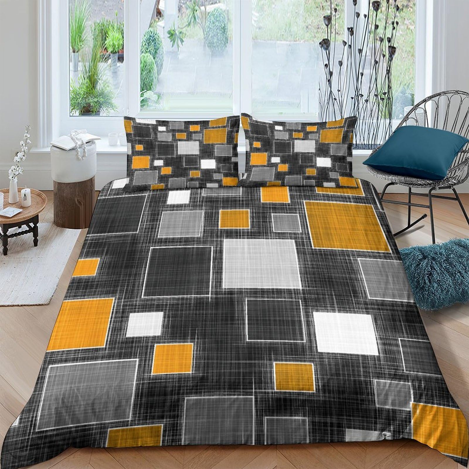 XFKLYNVCJ 3D Printed Abstract squares Bed Cover Microfiber Modern geometric Bedding Cover Machine Washable Fade Resistant Breathable Durable Wrinkle Free for Guest Room Use King（220x240cm）