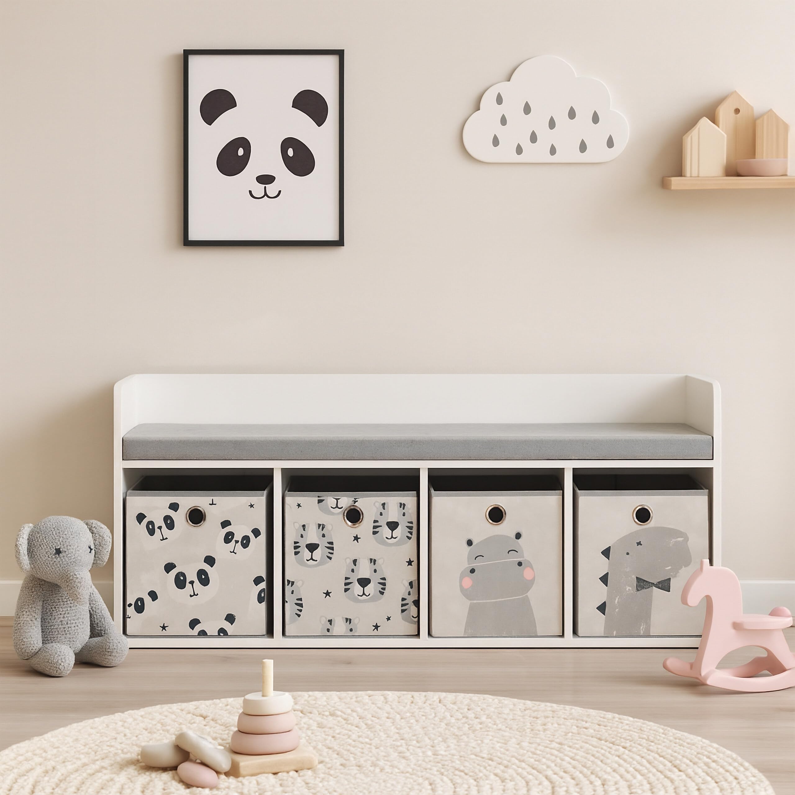 Relaxdays Panca per Bambini con Contenitore, 54x142x32 cm, 4 Casse Pieghevoli, Motivi Animali, Cuscino, Bianco/Grigio