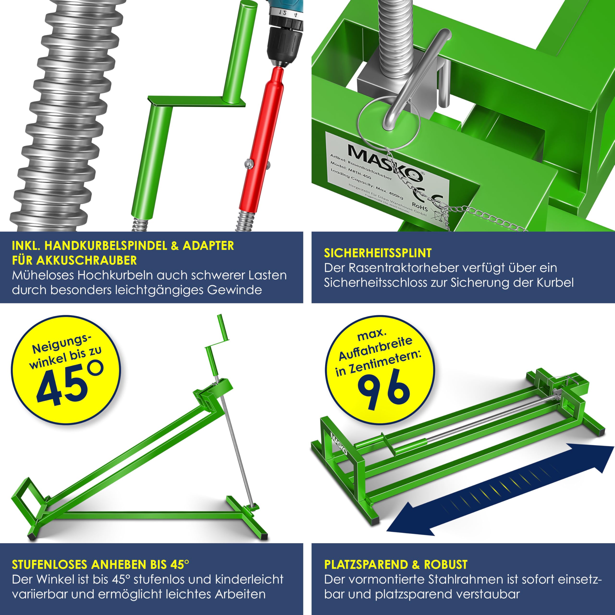 MASKO Elevador de tractor de césped XXL, 450 kg, dispositivo elevador, plataforma elevadora, herramienta de limpieza universal, elevación de tractor de césped, inclinación ajustable +45°, incluye