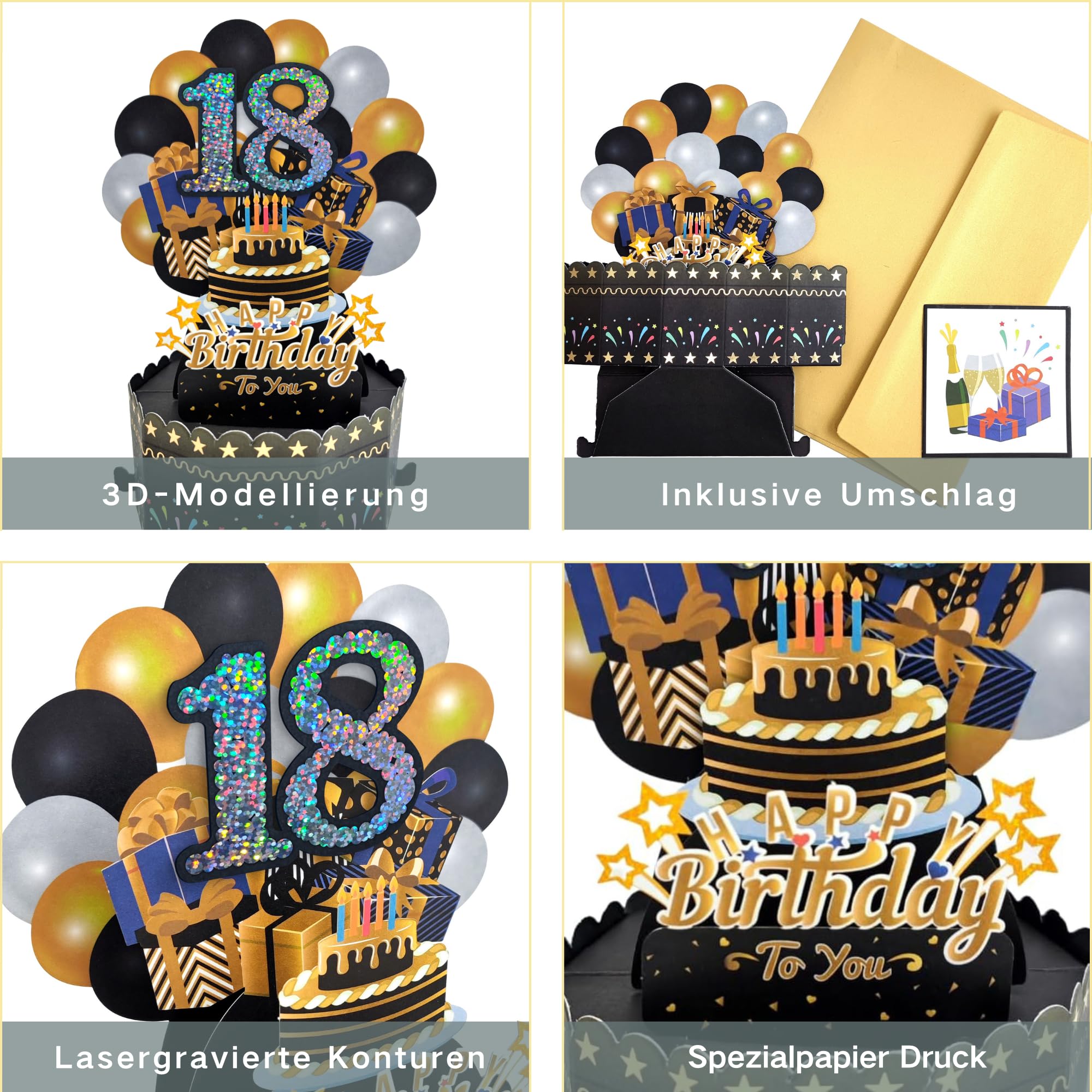 JanYoo Kartka 3D Pop Up na 18. urodziny, kartka urodzinowa Happy Birthday, kartka z życzeniami z kopertami i kartami dla chłopców, dziewczynek, rodziny i przyjaciół, romantyczny kreatywny prezent