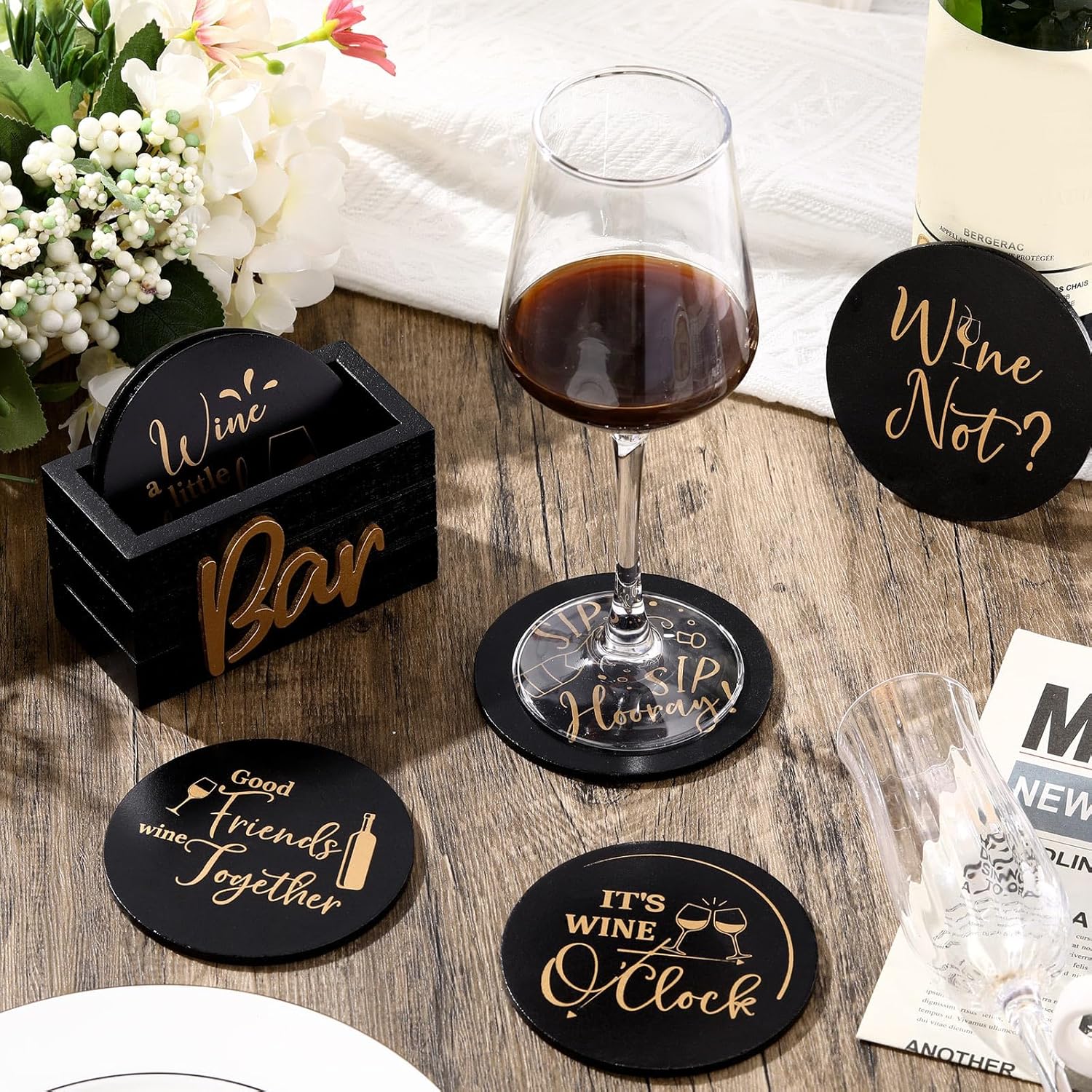 Wine Gifts Coasters for Women Set of 6 Wine Accessories for Lovers House Warming Gifts New Home Funny Cocktail Coasters with Holder for Adults Bar Party, 4 Inch(Black) - Image 6