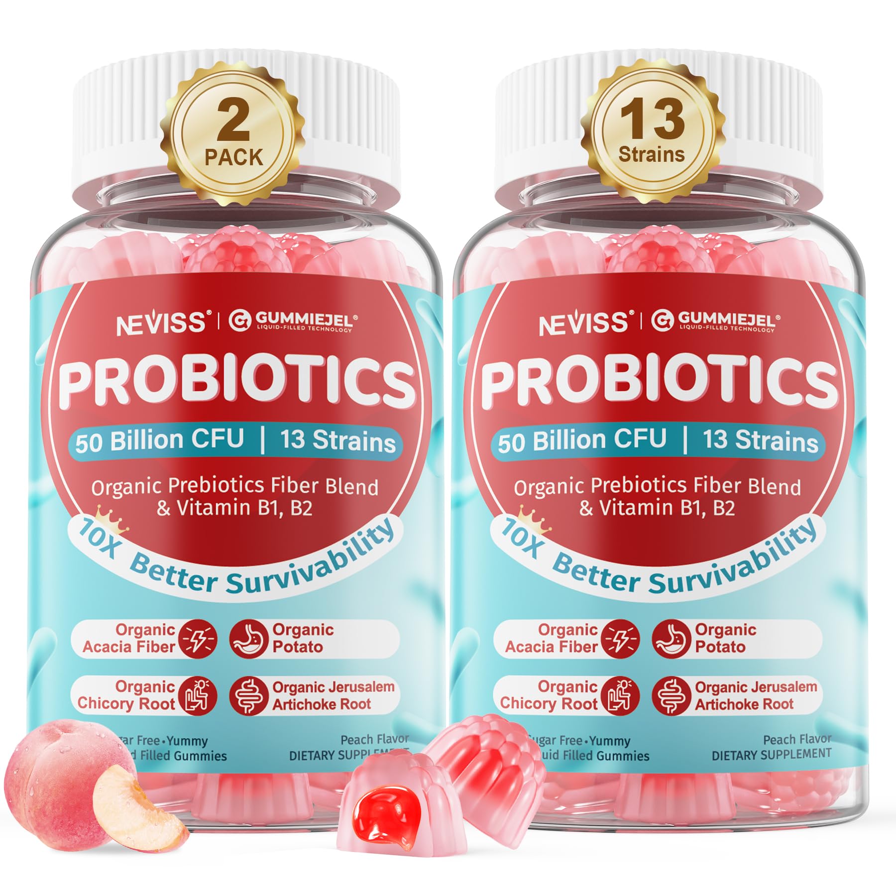 NEVISS Prebiotic Gummies for Adults & Kids 4+, Chewable Probiotic 120Cts 60 Count (Pack of 2)