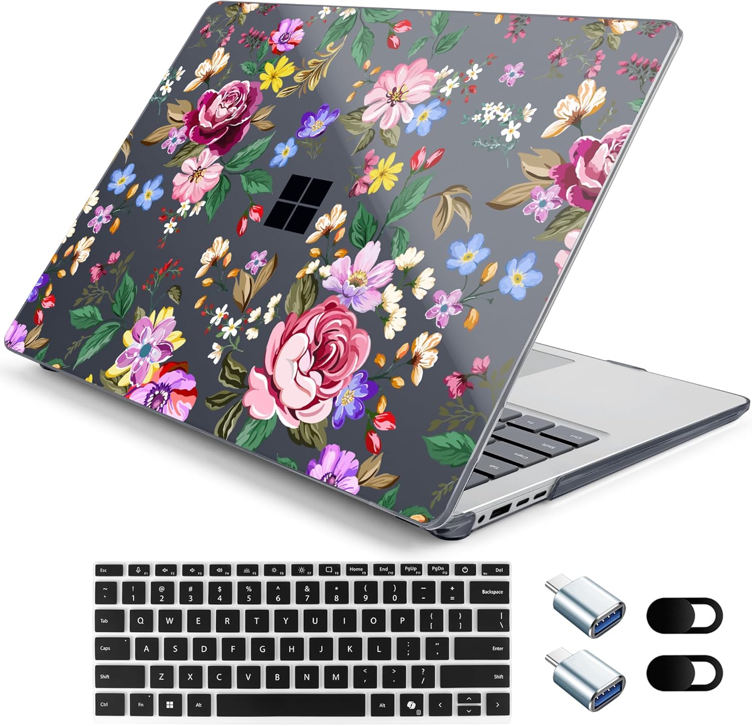 Hard Case for 15-inch Microsoft Surface Laptop Copilot+ PC 2024 (7th Ed) Fashionable Lightweight Floral Design Clear Laptop Shell, with TPU Keyboard Cover & OTG Adapters, Bright Flowers