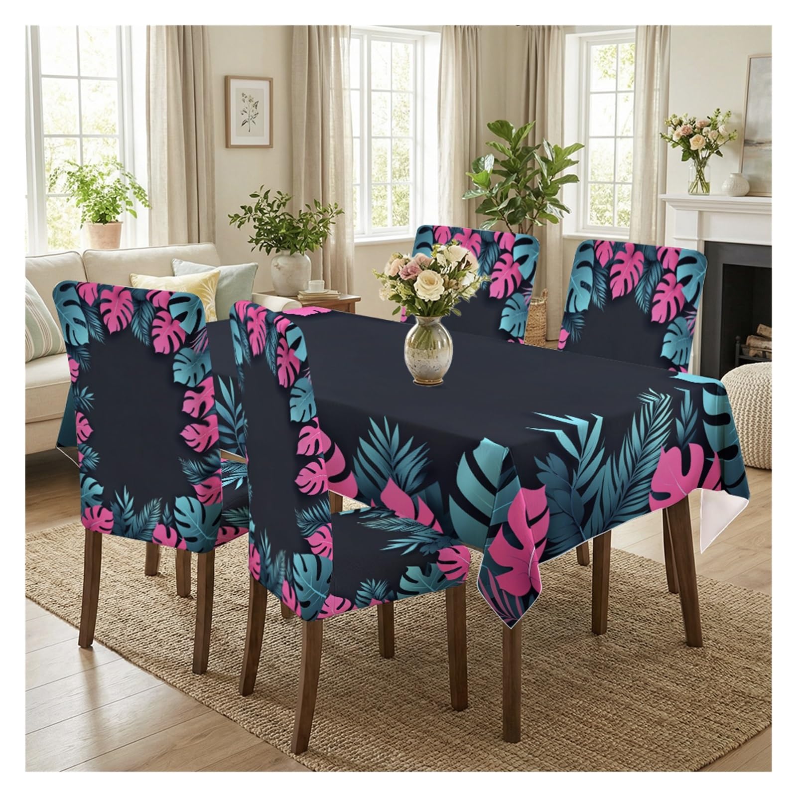 BOSUYBN Pink Teal Tropical Monstera Leaf Printed Dining Tablecloth & Chair Covers Set, 5/7 Piece Modern Exotic Botanical Dining Room Home Decor Table Setting(5pcs Set: Tablecloth+Chair Covers)