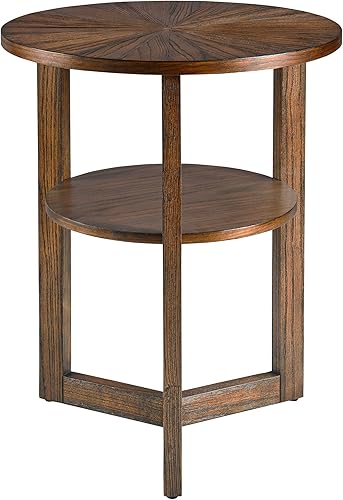 Miniatura 8 de MODERION Mesa auxiliar redonda, mesa auxiliar rústica con estante de almacenamiento, mesa auxiliar circular clásica de madera maciza, mesa de