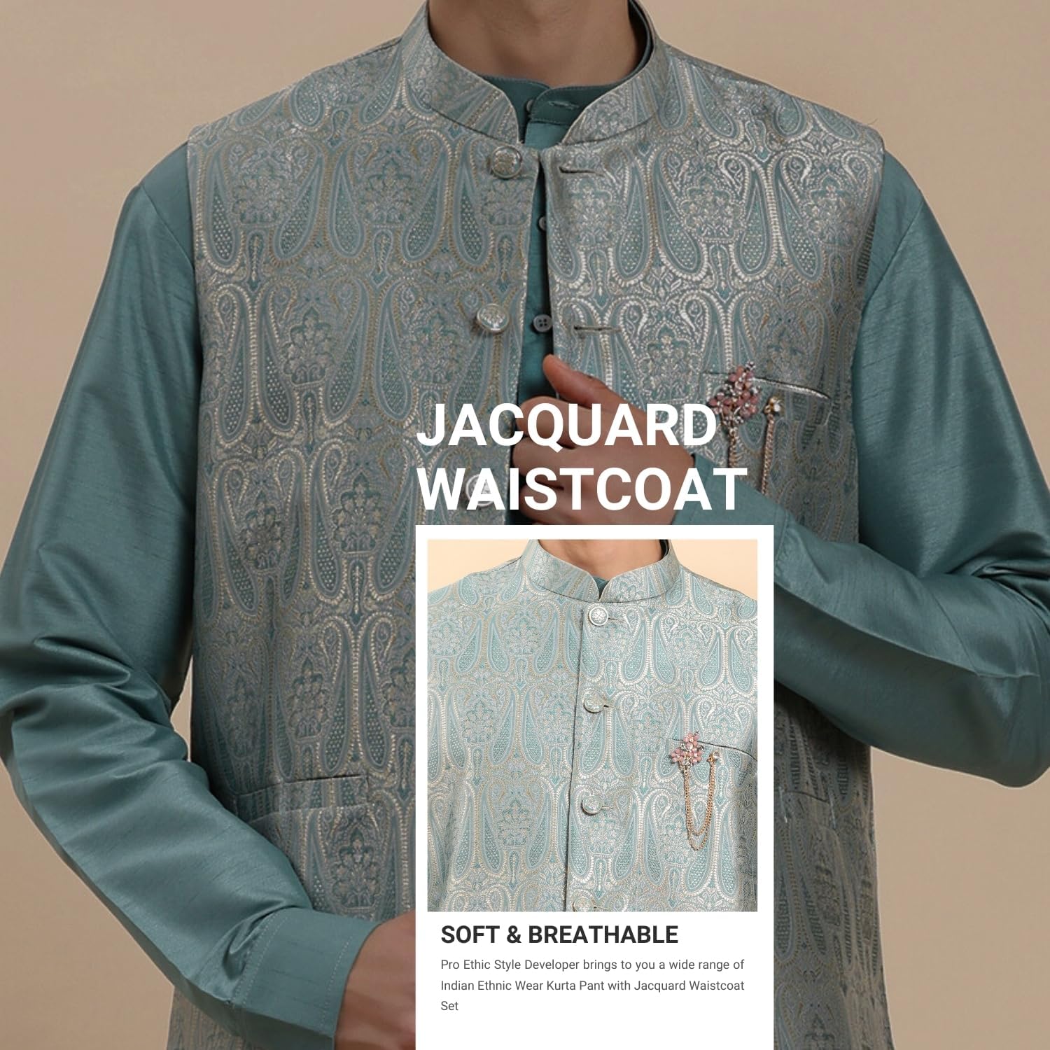 Pro-Ethic Style Developer Mens Indian Traditional Cotton Kurta Set With Jacquard Silk Jacket (Waistcoat) For Men (C-117) - Image 6