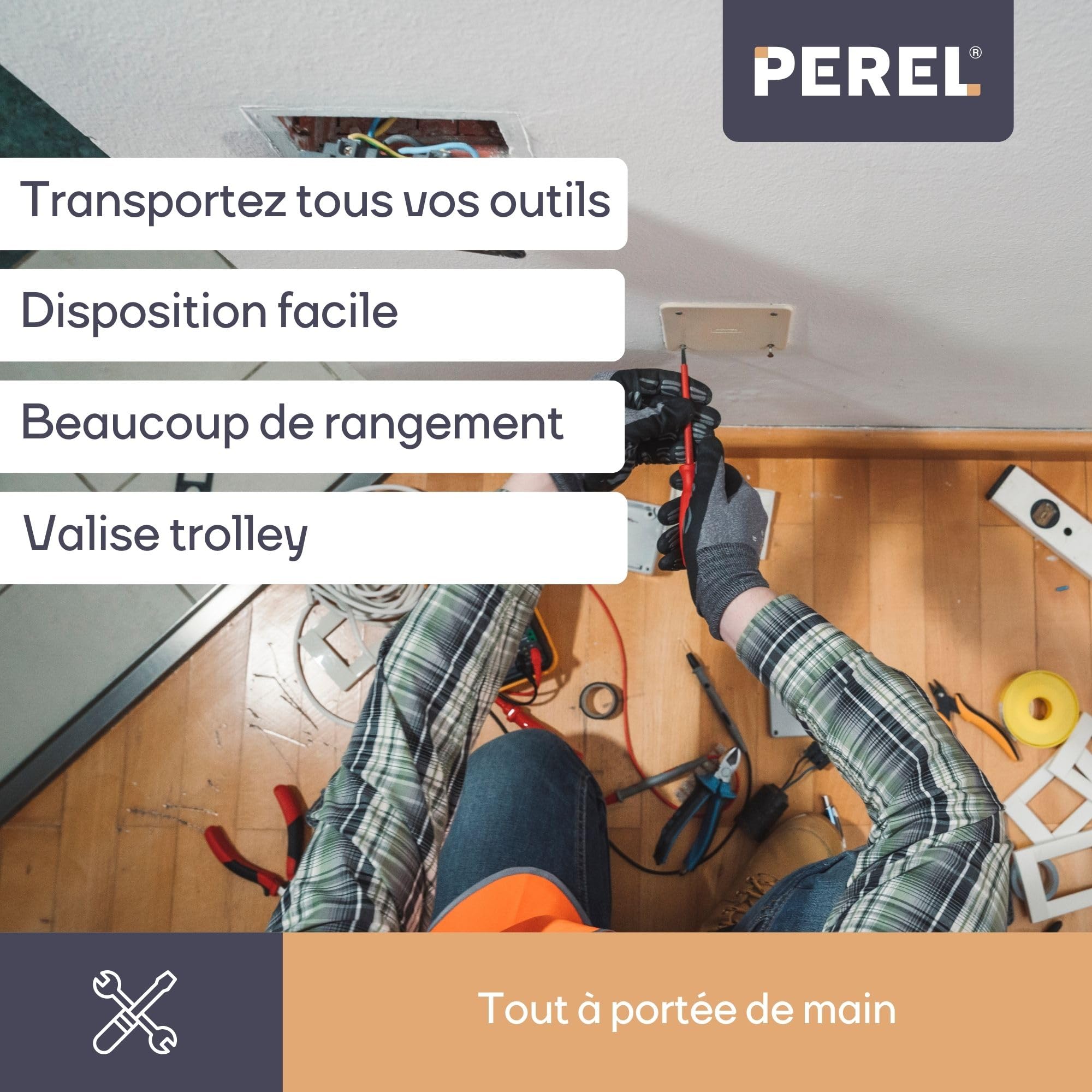 Perel Mallette à outils mobile, poignée télescopique, porte-outils, séparateurs amovibles, verrouillage par clé, 2 clés, ABS, noir, 461 x 335 x 190 mm
